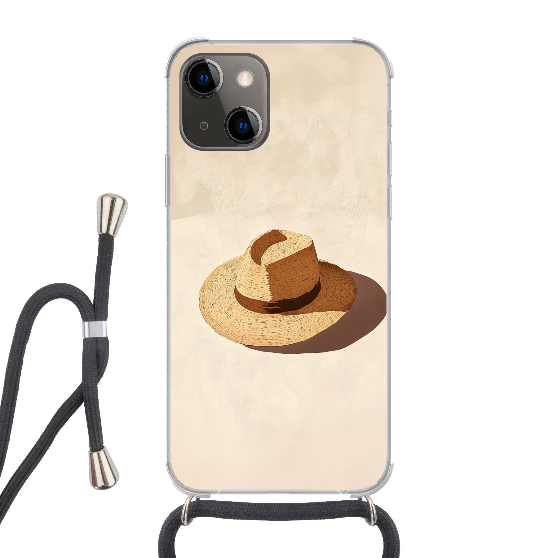 MuchoWow Handyhülle für Apple iPhone 13 Mini Hut - Minimalistisch - Farbton - Beige, Tragbare Handyhüllen mit Kette zum umhängen, Handykette Handyband