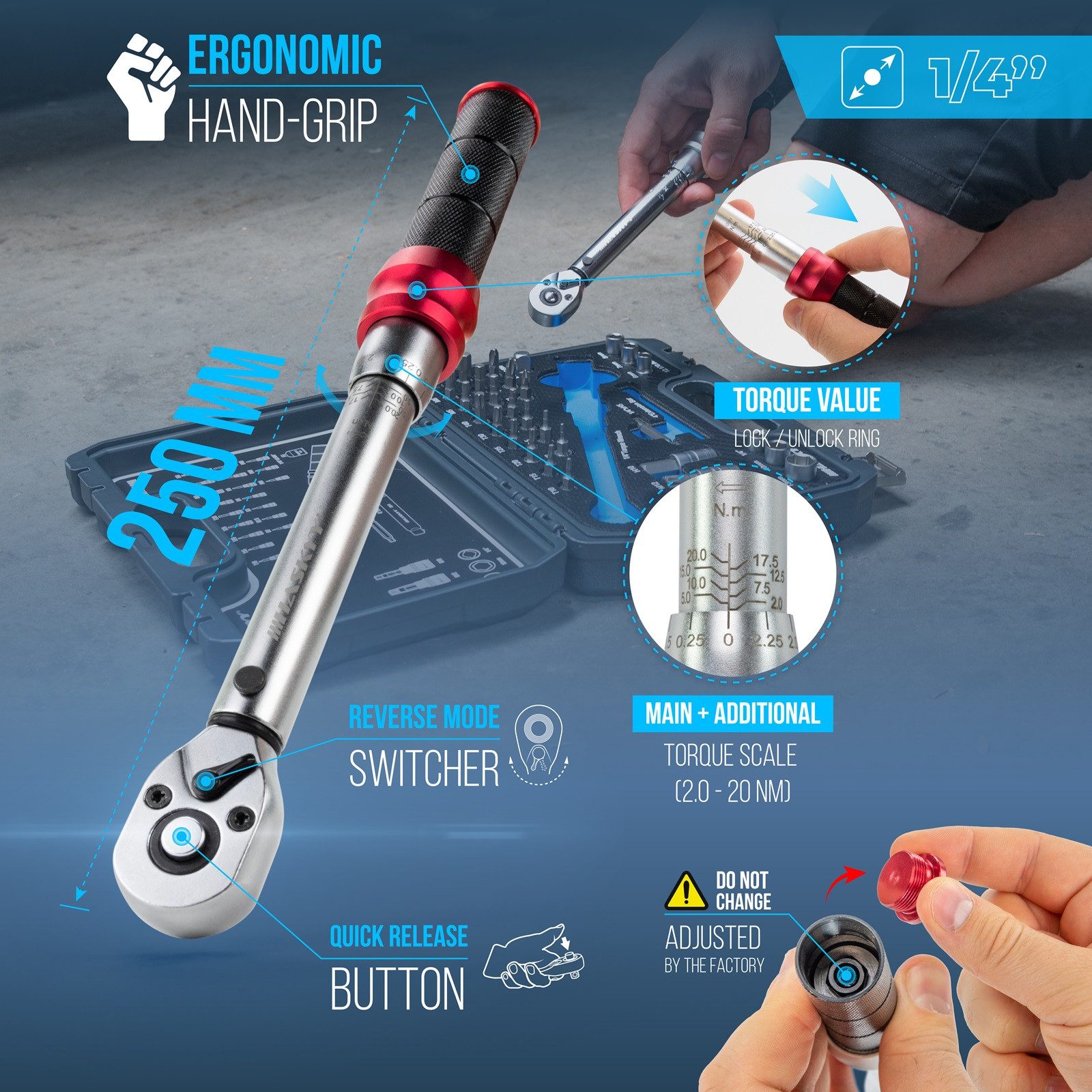 HASKYY Drehmomentschlüssel HASKYY Drehmomentschlüssel-Set 1/4" 2-20Nm inkl. Zubehör Bits Nüsse