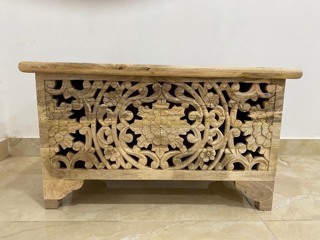 Oriental Galerie Truhe Indische Truhe Schnitzerei natur 80 cm, Holztruhe, Truhentisch Wohnzimmer, Hellbraun