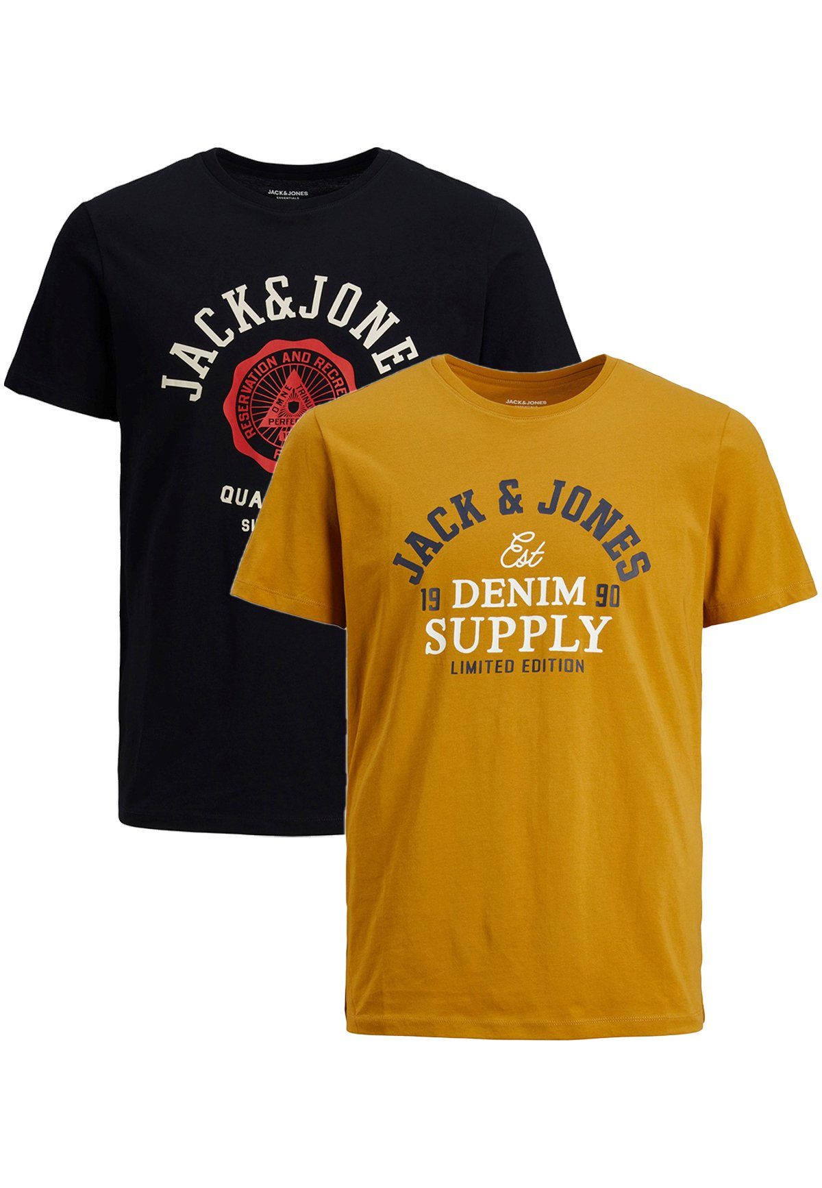Jack & Jones T-Shirt 2-er Stück Pack Logo T-Shirts Rundhals Shirt JJELOGO (2-tlg) 4342 in Schwarz-Gelb