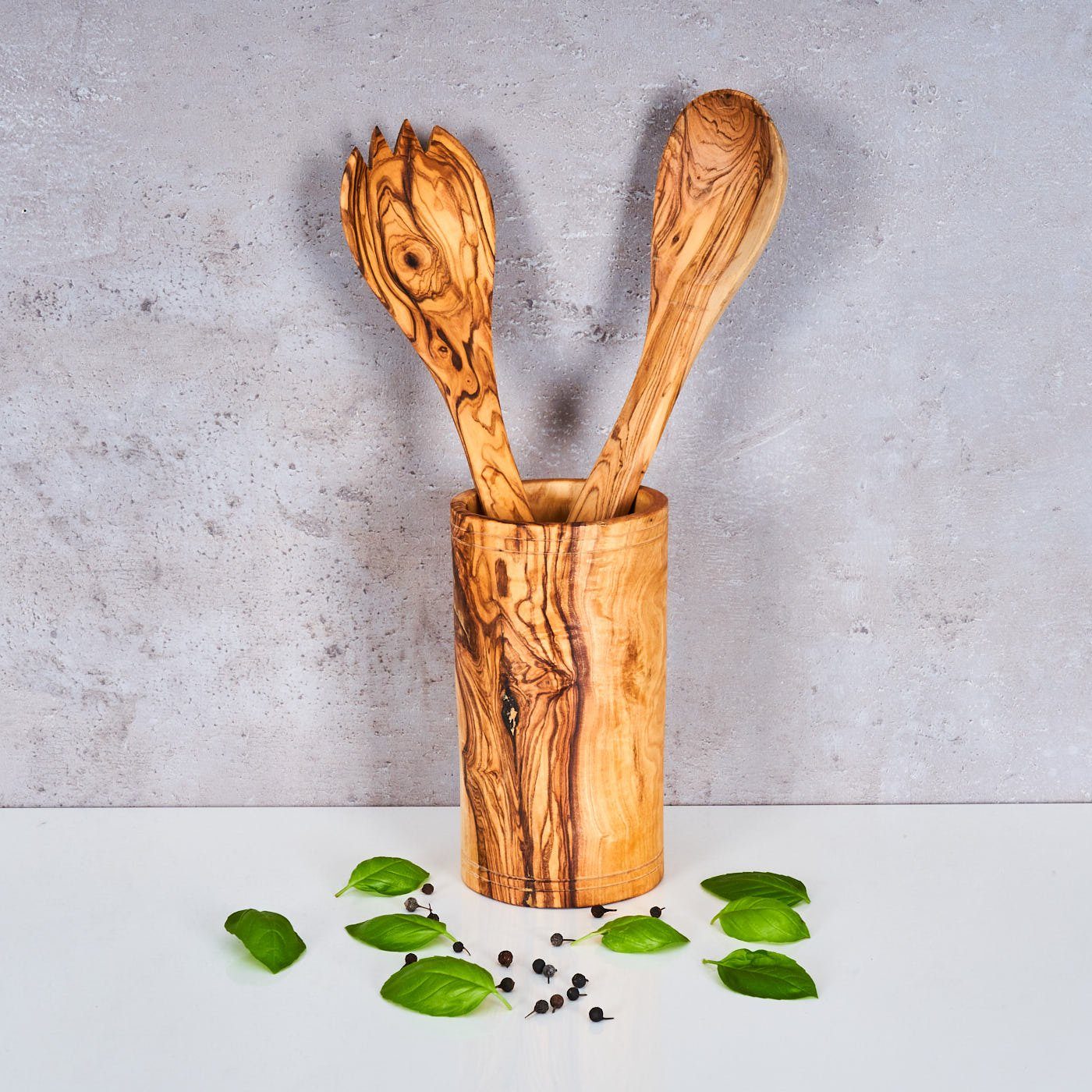 Levandeo® Dekoschale, Utensilienhalter Olivenholz Besteckhalter H16cm Natur Küchenhelfer