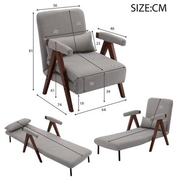 Merax Sessel 3-in-1 faltbar mit Leinenbezug und Metallrahmen, Massivholzbeine, Liegesessel mit 6 Fach vestellbarer Rücklehne, Relaxliege umwandelbar