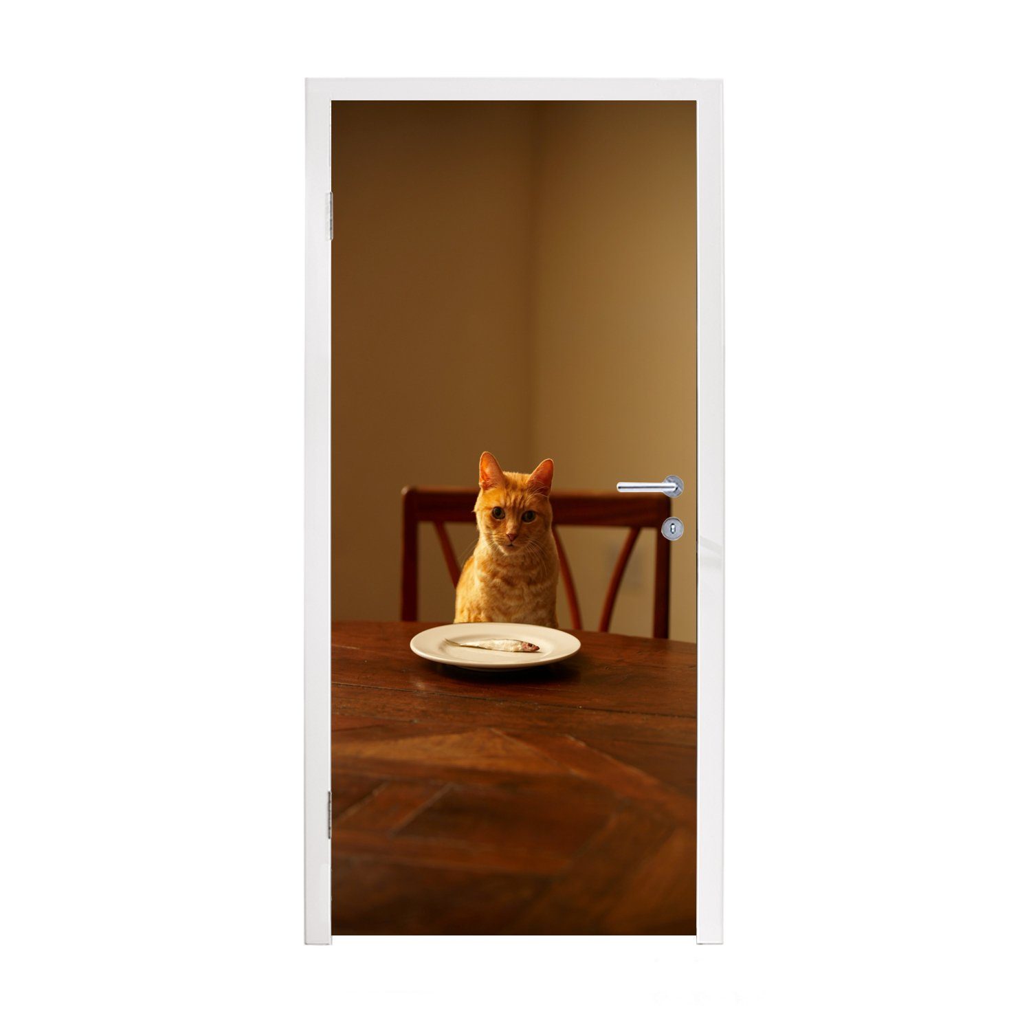 MuchoWow Türtapete Katze - Esstisch - Teller, Matt, bedruckt, (1 St), Fototapete für Tür, Türaufkleber, 75x205 cm
