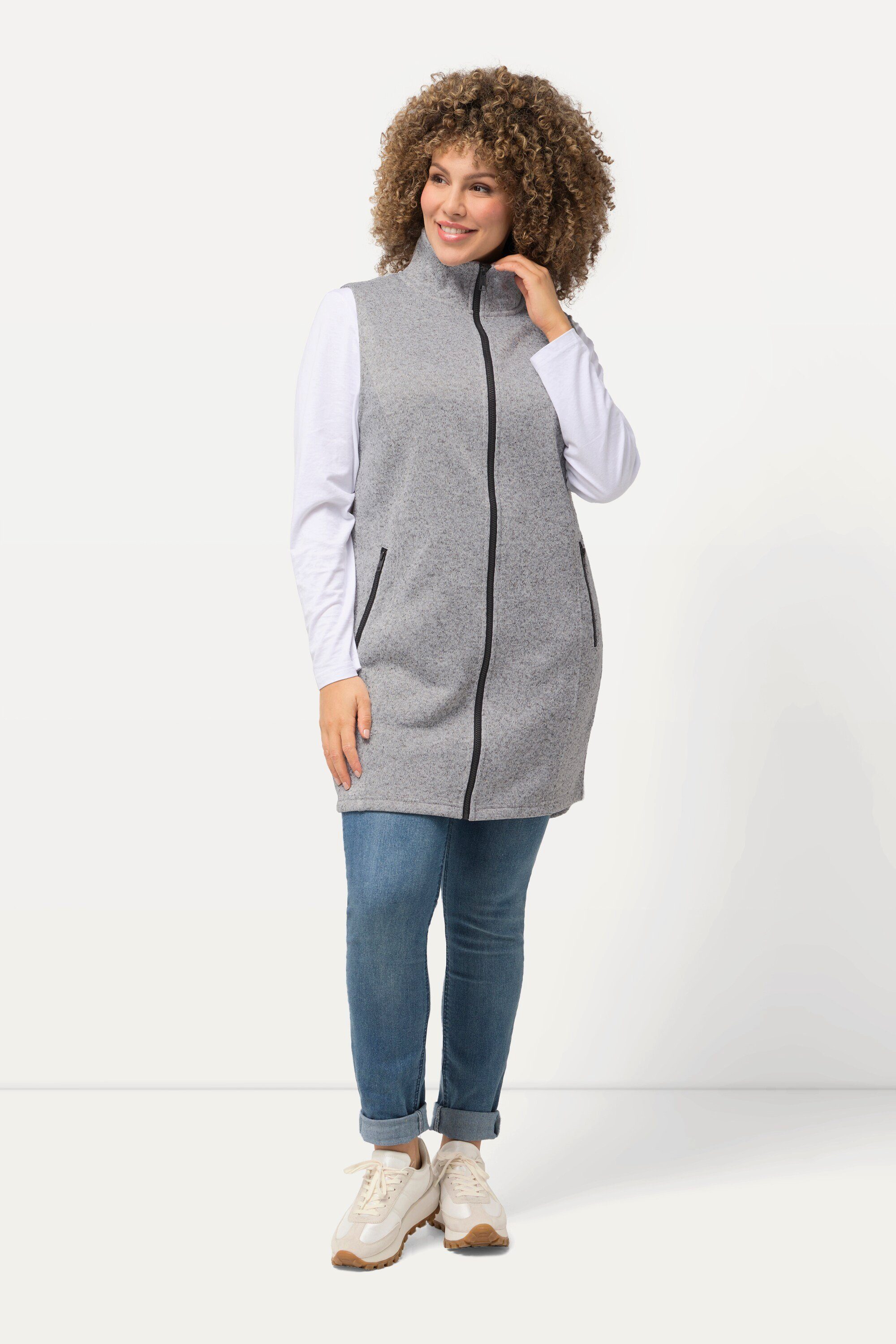 Ulla Popken Sweatjacke Strickfleece-Weste Stehkragen Zipptaschen ärmellos