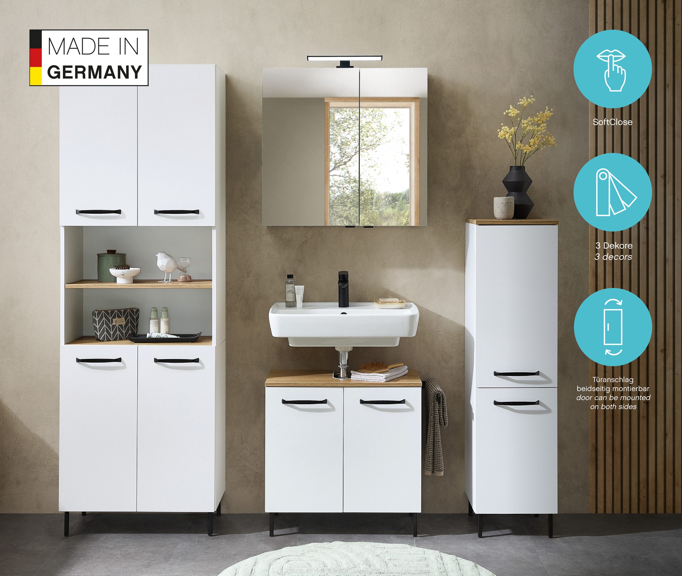 Saphir Hochschrank Quickset 500, Badschrank 61,6 cm breit, 4 Türen 4 Einlegeböden, 1 offenes Fach, Badezimmer-Hochschrank