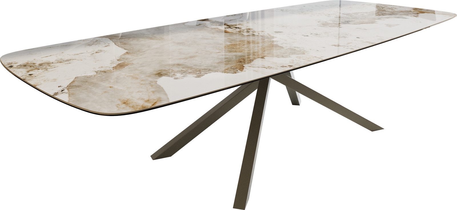 DELIFE Esstisch Edge, Boot 300x120 cm Keramik Minas Melange Weiß-Beige Kreuzgestell Rechteck