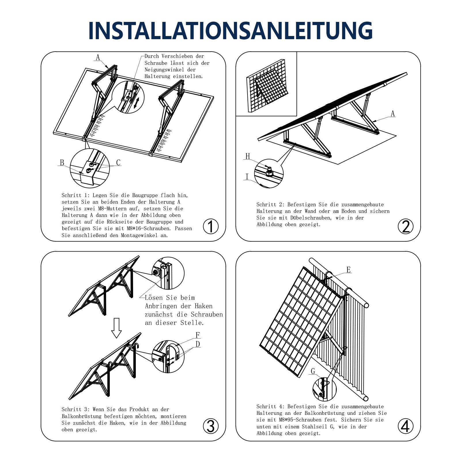 Rhein Beleuchtung Balkonkraftwerk Balkonkraftwerk Halterung, Solarmodul Halterung für Balkon, (Set, 2-St., PV Halterung Flachdach für 2×400–550 W, 30–35 mm), 10 – Bild 5 von 5