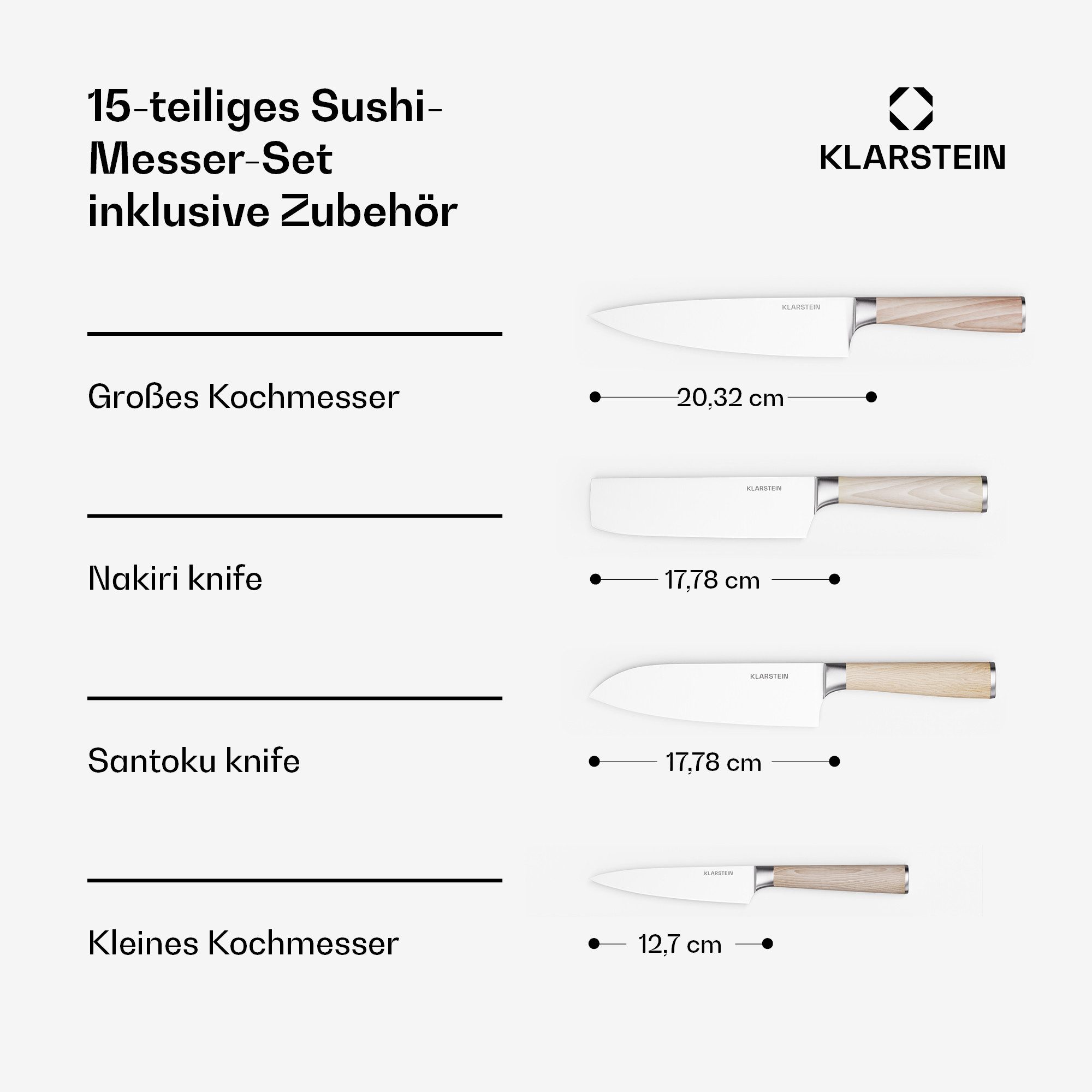 Klarstein Messer-Set Shibui Sushi (15-tlg), Sushi-Messer-Set 15 Teilig jJpanischem Gemüsemesser