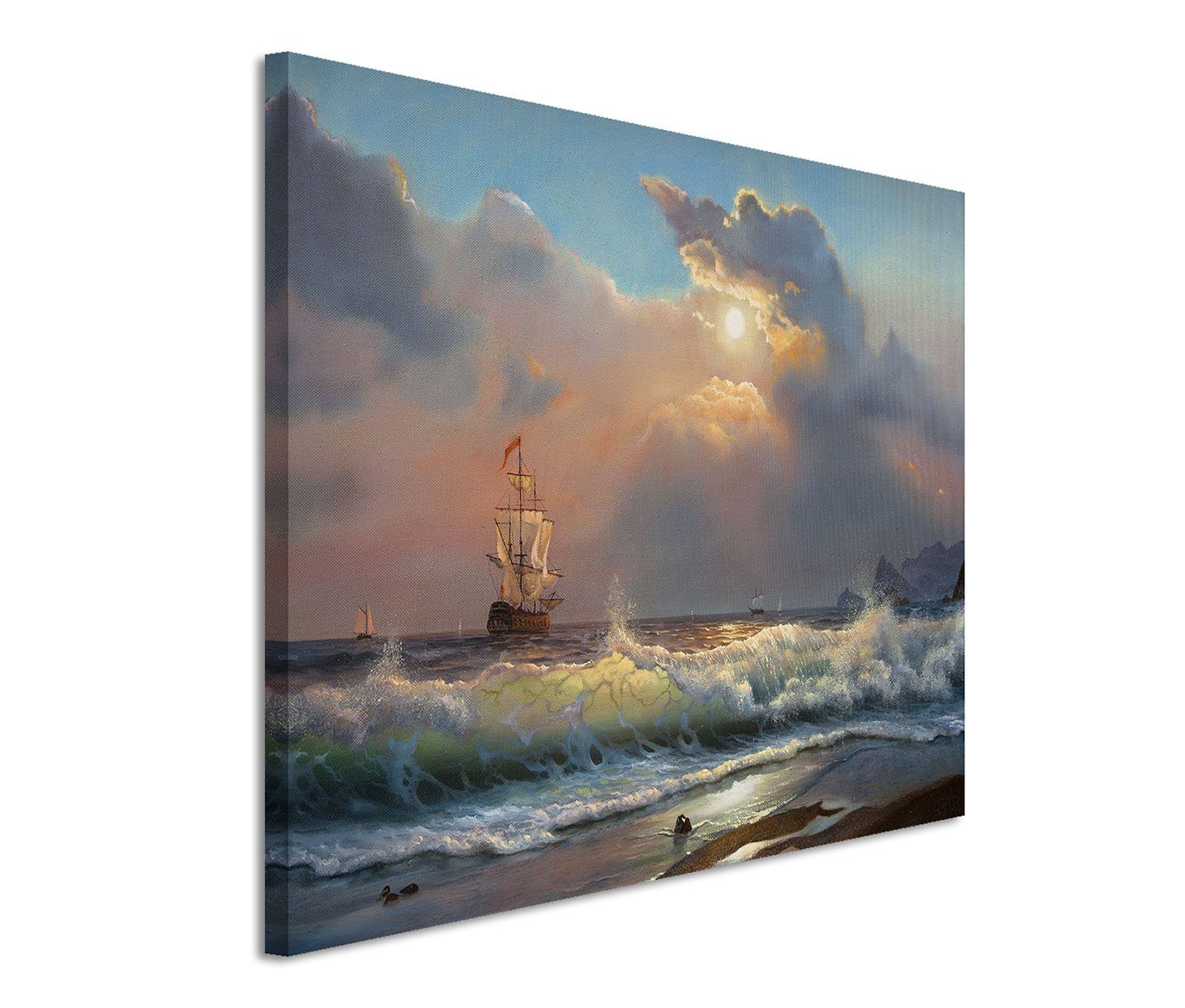 Sinus Art Leinwandbild 120x80cm Wandbild Ölgemälde Strand Meer Wellen Segelboot Wolken – Bild 3 von 3