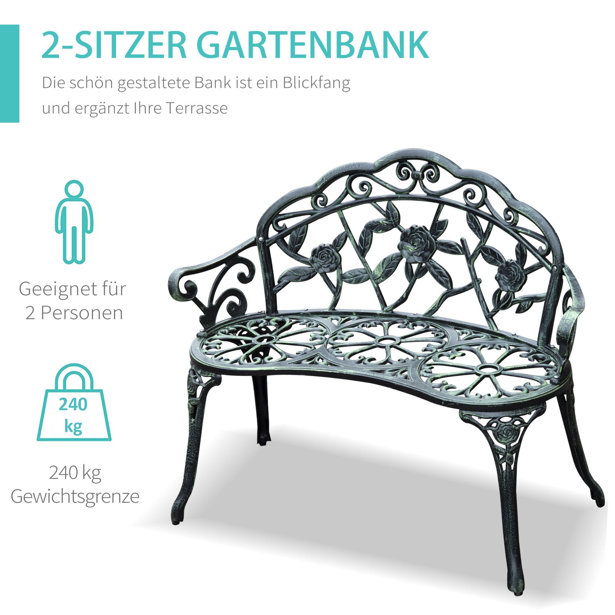 CHICFURN Gartenbank 2-Sitzer Sitzbank aus Metall für Gartenmöbel (Packung, 1-St., Parkbank für Außenbereich, belastbar bis 240 kg), Antik-Grün, 100 x 54 x 78 cm