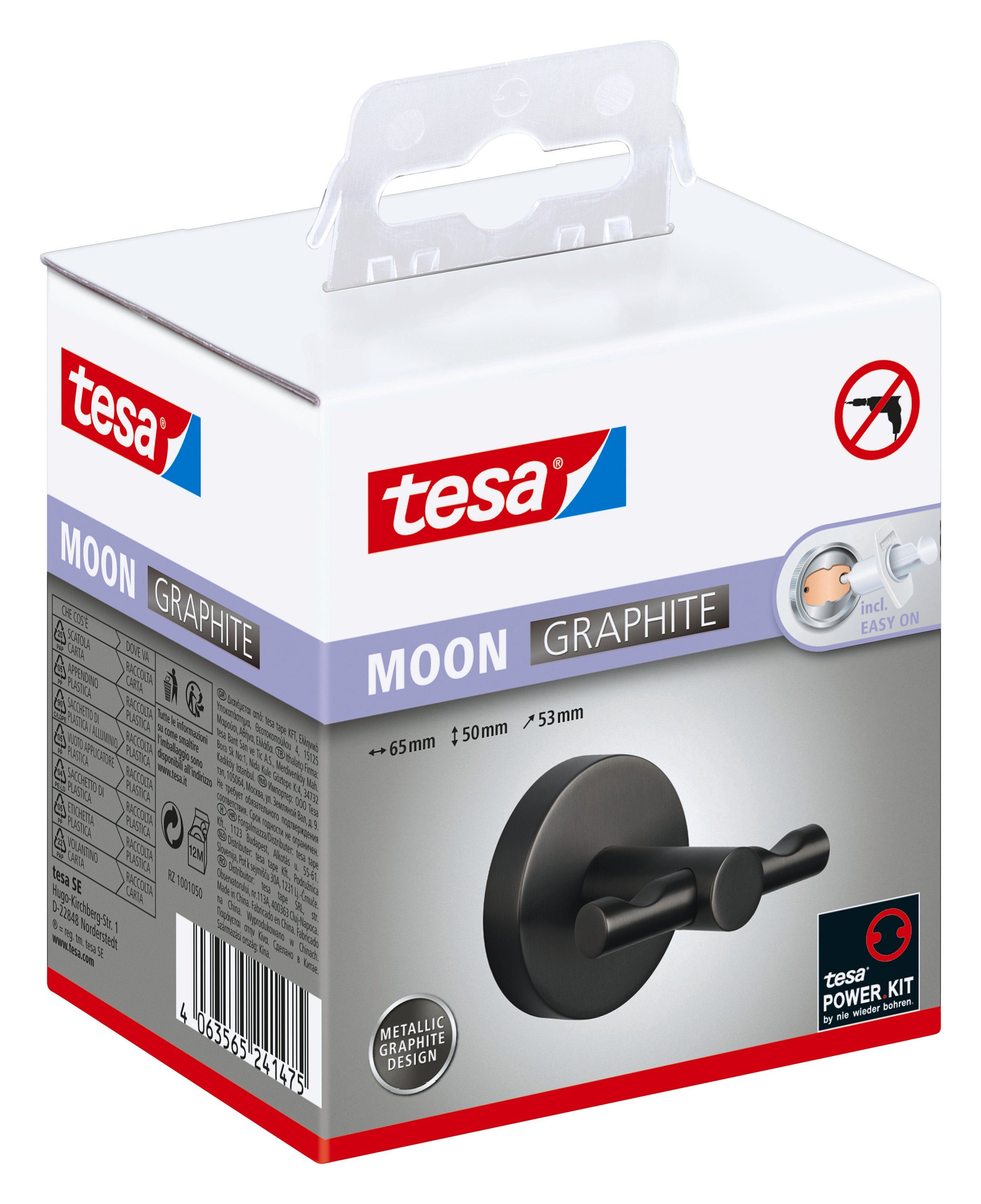 tesa Полотенцесушители Bademantelhaken MOON - selbstklebender Wandhaken, PVD-beschichtetes Metall - ohne Bohren - 50 x 65 x 53 mm - Grafit