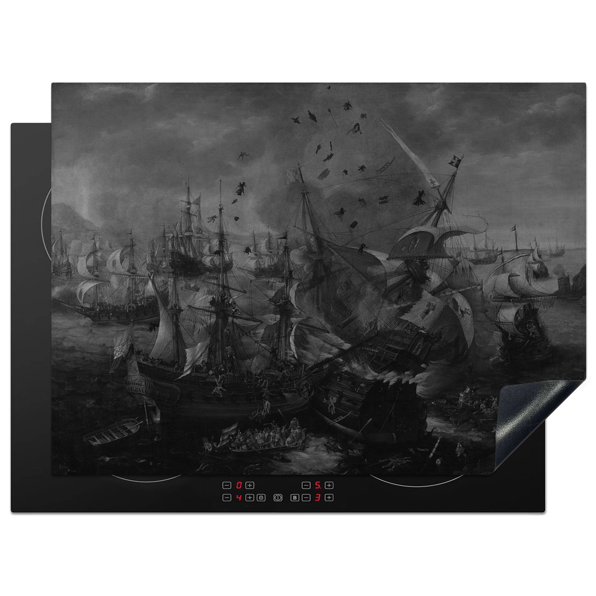 MuchoWow Herdblende-/Abdeckplatte Seeschlacht bei Gibraltar in schwarz-weiß - Gemälde von Cornelis, Vinyl, (1 tlg), 70x52 cm, Mobile Arbeitsfläche nutzbar, Ceranfeldabdeckung