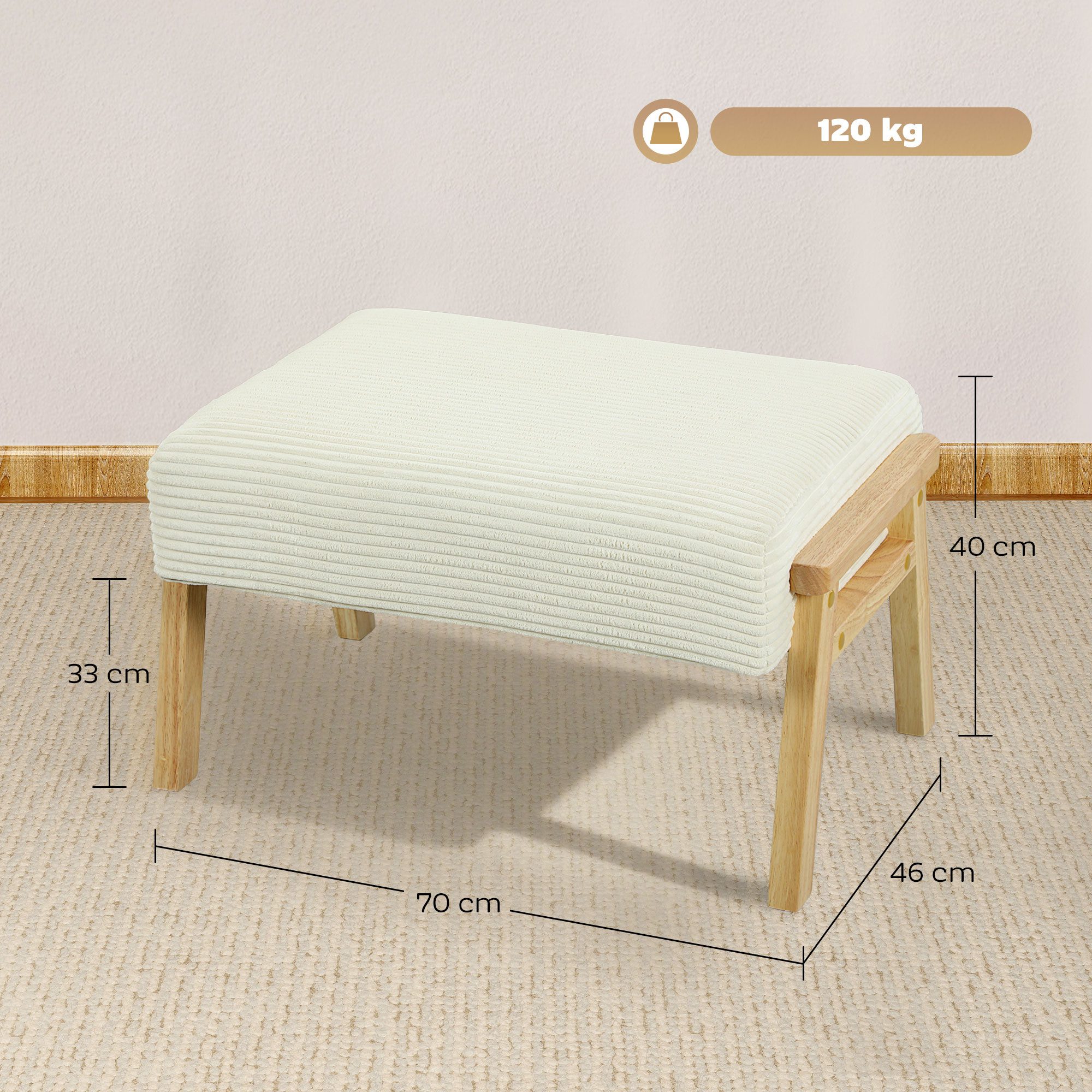 HOMCOM Fußhocker mit weichem Sitzkissen, Holzbeinen, Cordoptik (Polsterhocker, 1 St., Sitzhocker), für Schlafzimmer, Wohnzimmer, Cremeweiß