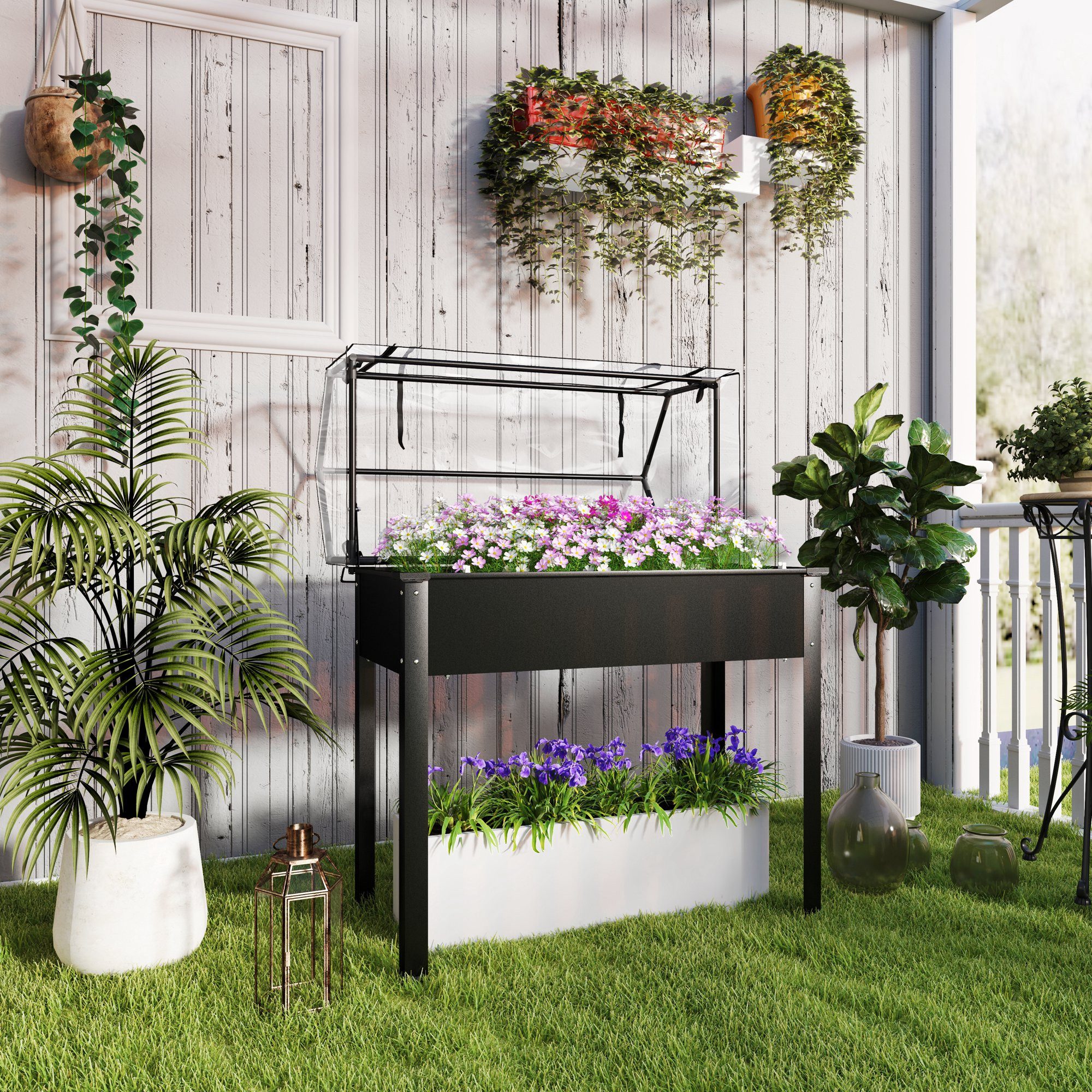 furnicato Hochbeet Schwarz 100L x 48B x 124H cm mit Gewächshausschutz, Gemüsebeet mit Ablaufloch und schützender Plastikabdeckung für Balkon