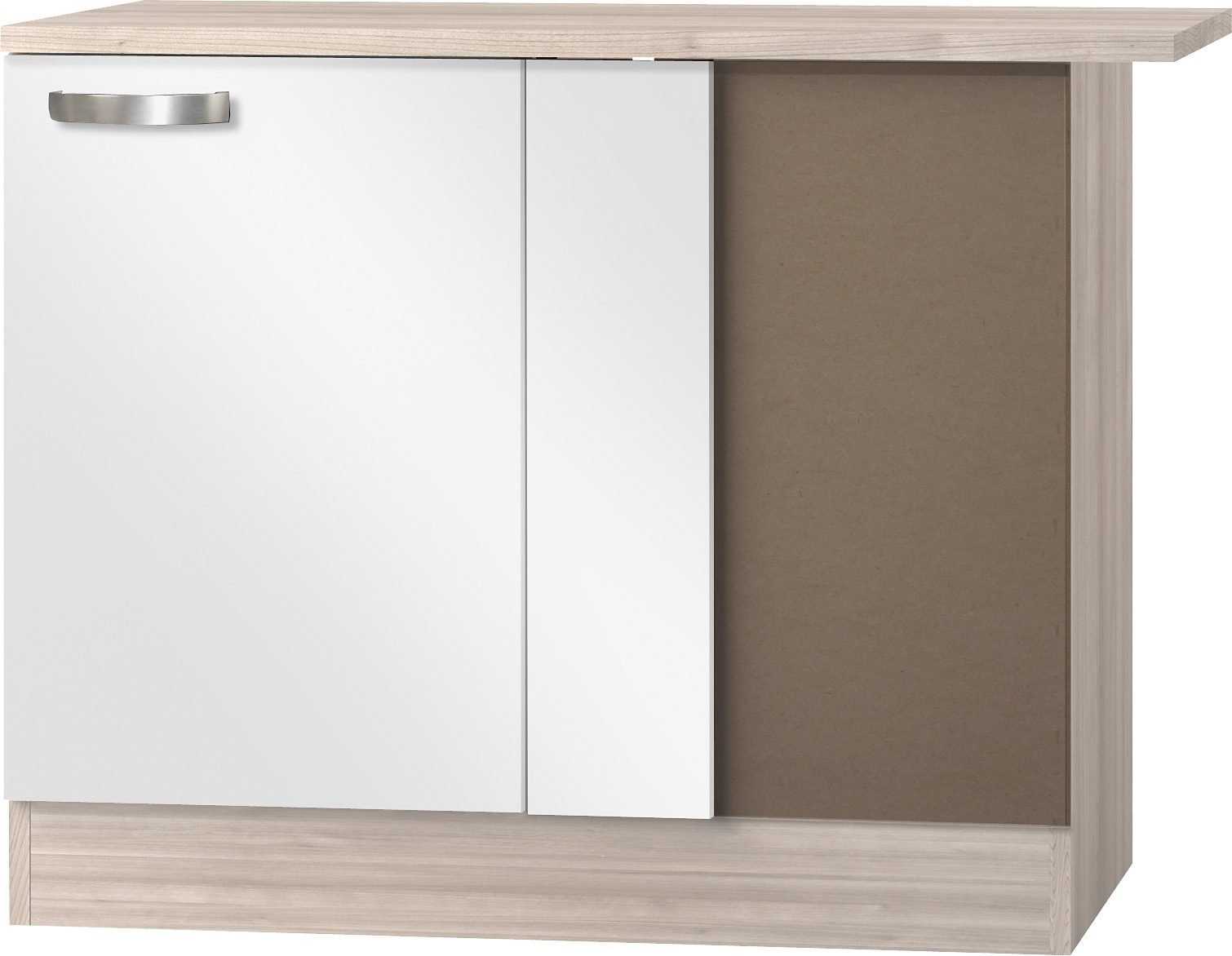 OPTIFIT Eckunterschrank Faro, weiß mit 100 cm Breite Metallgriff, Glanz