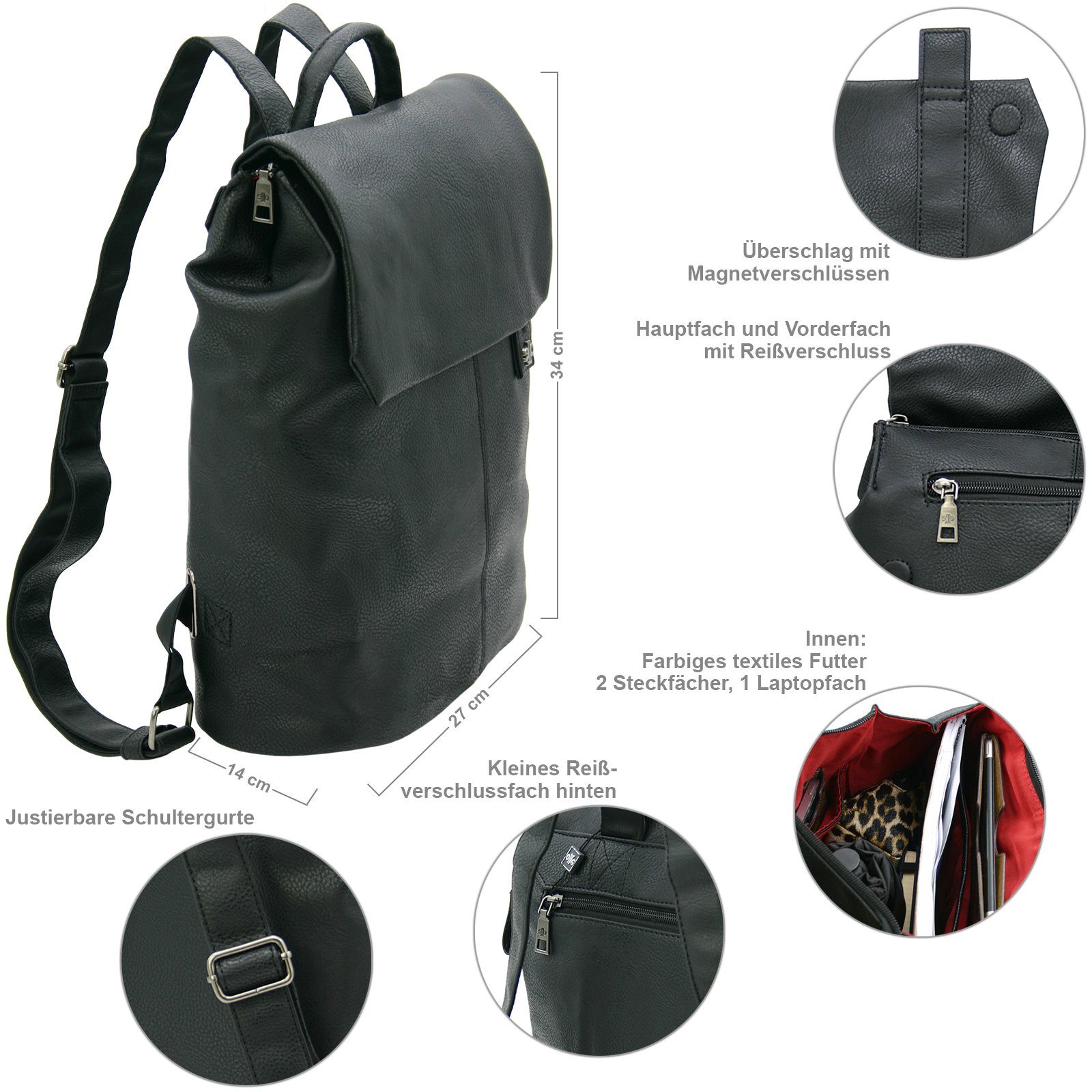 J JONES JENNIFER JONES Cityrucksack - Damen Daypack - Modischer handlicher Freizeitrucksack mit Tabletfach
