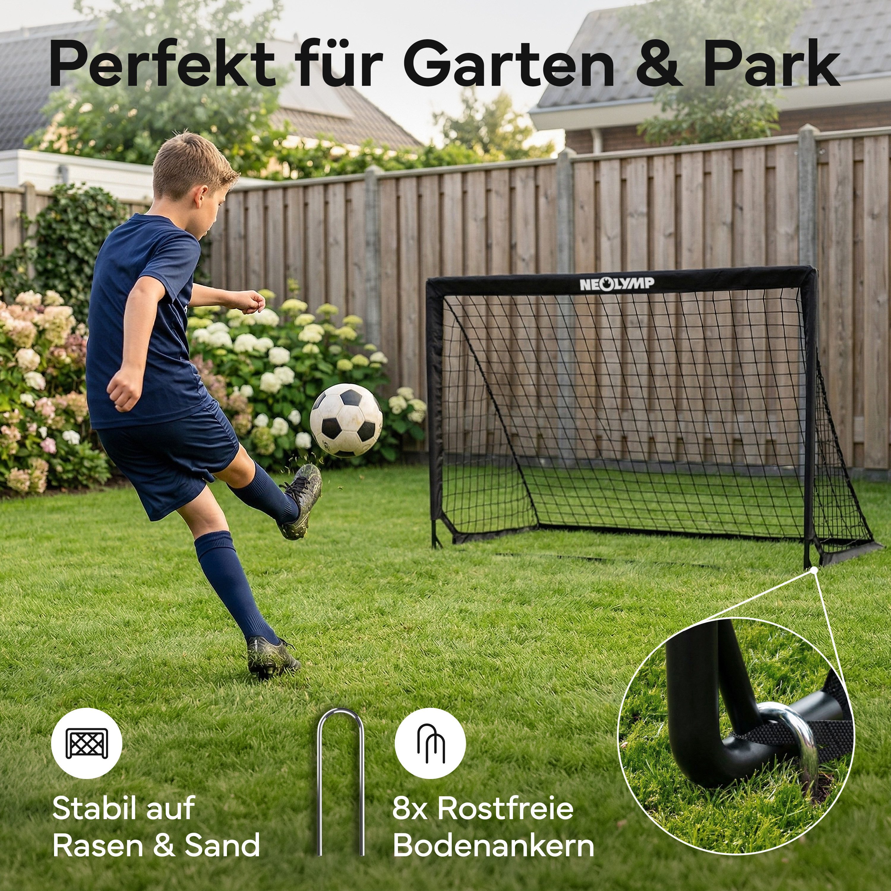 NEOLYMP Fußballtor Kinder Set – Faltbare Tore für Garten – Robuste 9 mm Fiberglas-Stangen (Ideal für Fußball-Training & Spiel Spaß - Fußball Trainingszubehör), Fußballtor mit Hütchen, Karabinern, Indoor-Füße & Tragetasche