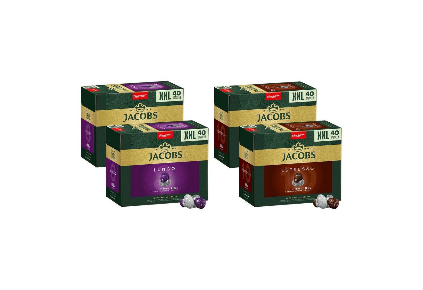 JACOBS Kaffee Kapseln Lungo 8 + Espresso 10 Nespresso®* kompatibel XXL-Pack, 416 g, (Packung, 4er Pack)