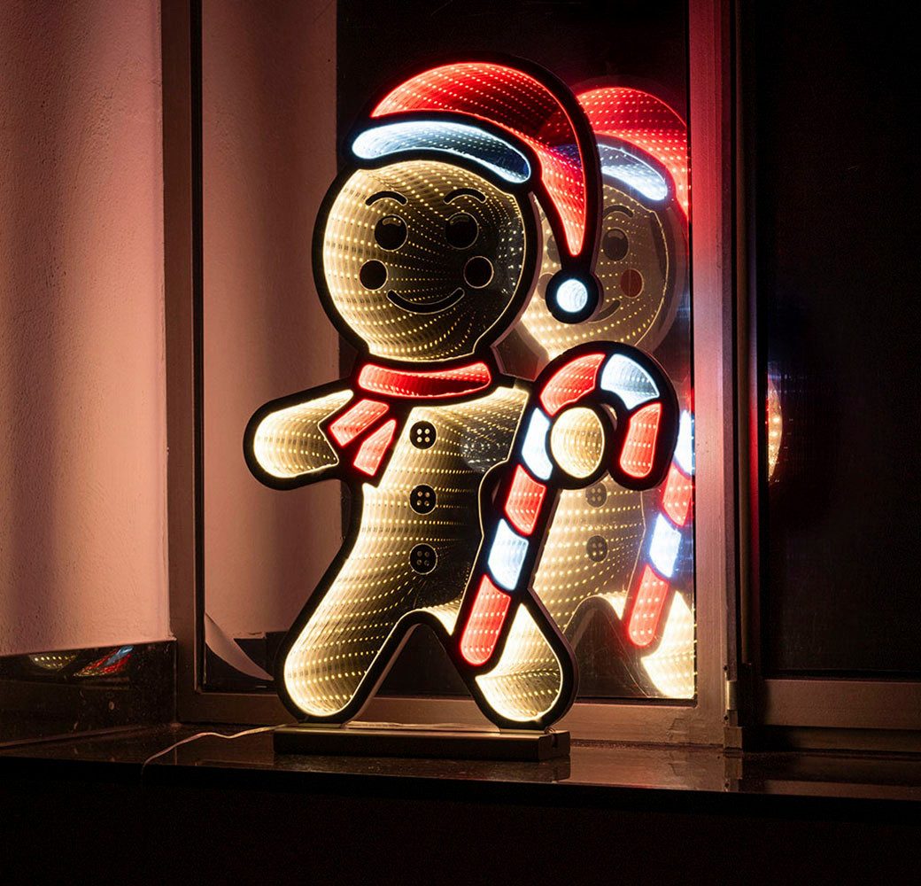 Star-Max LED Tischleuchte LED Dekofigur, Infinity - Lebkuchenmann, Weihnachtsdeko m. Beleuchtung, Timerfunktion, LED fest integriert, mit Unendlichkeits-Effekt und 6/18 Stunden Timer, Höhe ca. 60 cm