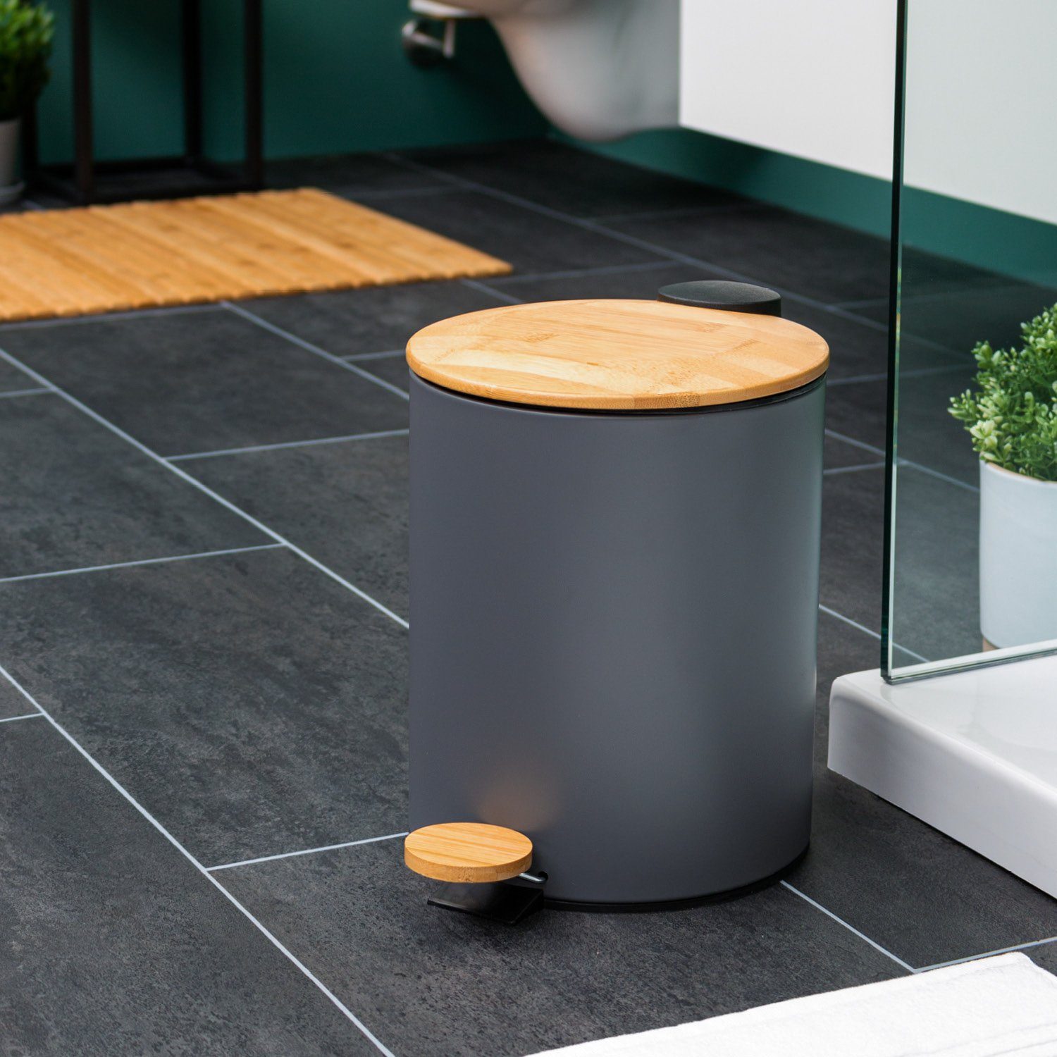 bremermann Kosmetikeimer Mülleimer mit Bambus-Deckel, Bad-Abfalleimer mit Soft-Close 5 l, grau