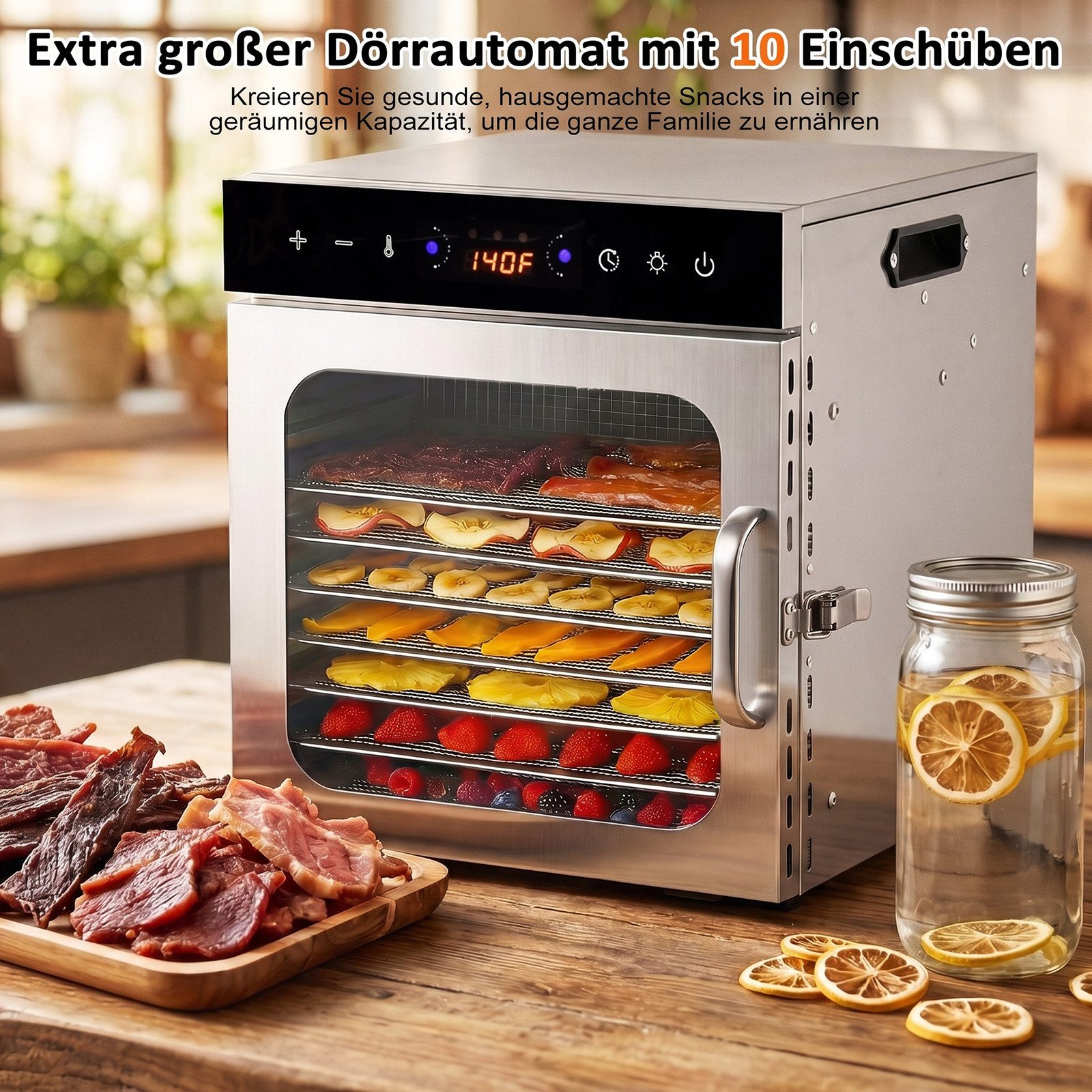 Rebonique Dörrautomat Edelstahl mit 10/12 Edelstahlgitter Food Dörrgerät Dehydrator 30–90°C 800 W, 12 Etagen, Fruchttrockner mit LED Touch-Display, BPA-frei für Obst Fleisch Pilze
