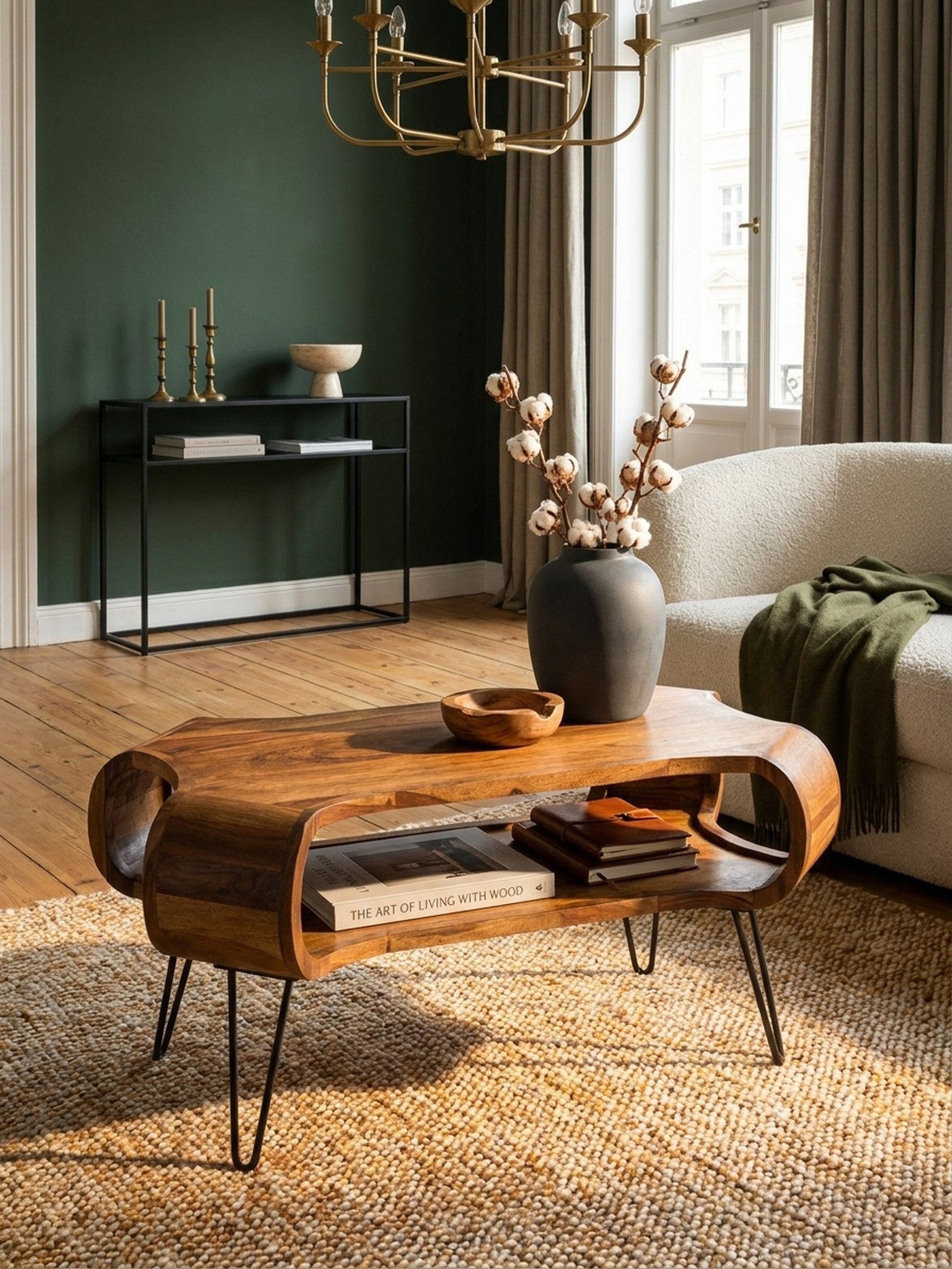 KADIMA DESIGN Couchtisch Couchtisch 100x60x47 cm Massivholz Metall Sofatisch Design (Tisch Wohnzimmer mit Haarnadelbeine), Wohnzimmertisch Rechteckig mit Stauraum, Kaffeetisch Massiv, Großer
