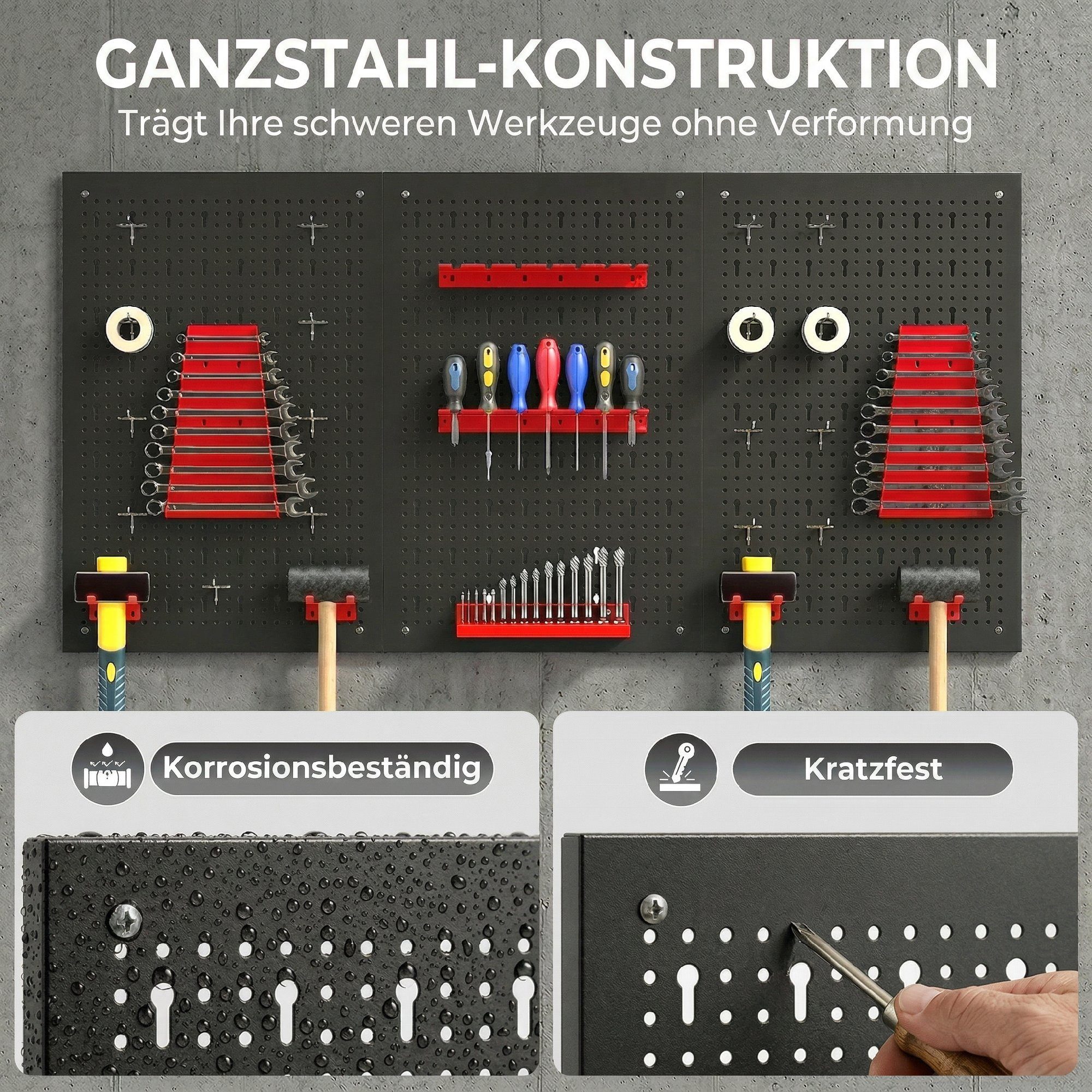 HOMCOM Lochwand Schüttenregal, Ablageböden, Sichtlagerkästen, Werkstattregal, 3 Stk., mit 16 Haken, (Lagersystem, 28-tlg., Wandregal), 60 x 40 x 2 cm Schwarz+Ro – Bild 4 von 5