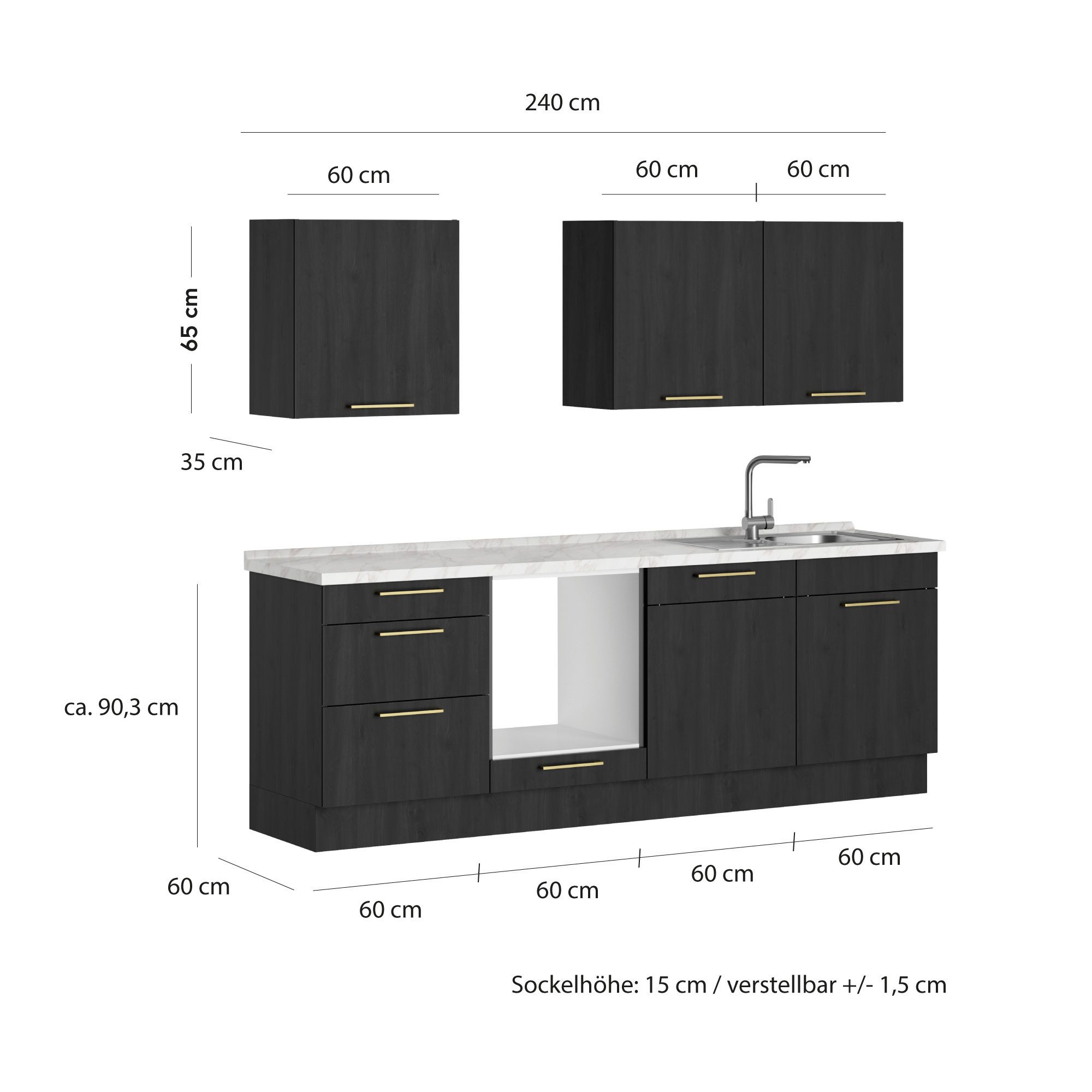 ROCTOR Küchenzeile RT7002 Toronto Eiche schwarz / AP Spachtelbeton graphit - 240 cm Breit, Ohne E-Geräte, Inkl. Abfalleimersystem