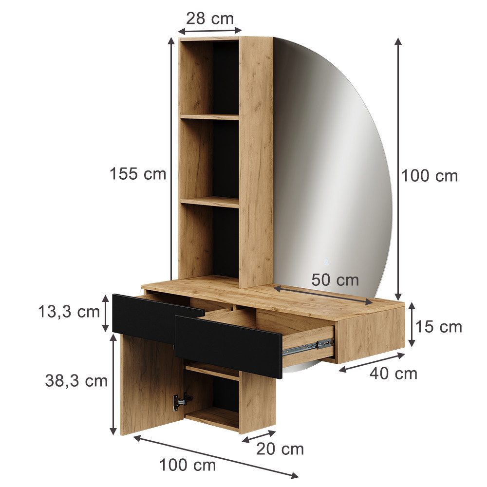 Vicco Schminktisch Melora, Eiche/Schwarz, 100 cm mit LED-Spiegel (2-St)