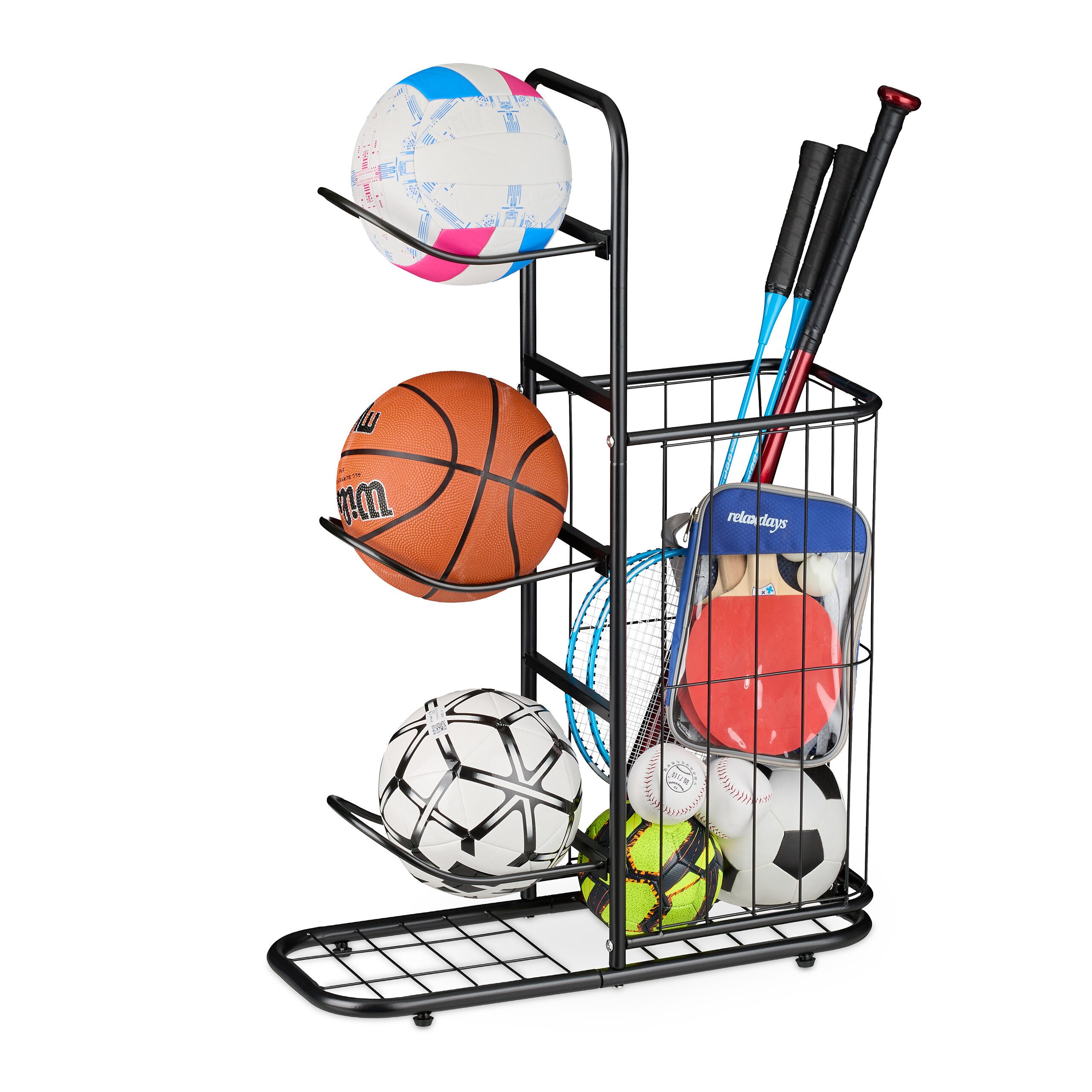 relaxdays Sportgeräte-Regalwagen Ballständer mit 3 Ablagen und Korb, 1-tlg., schwarz