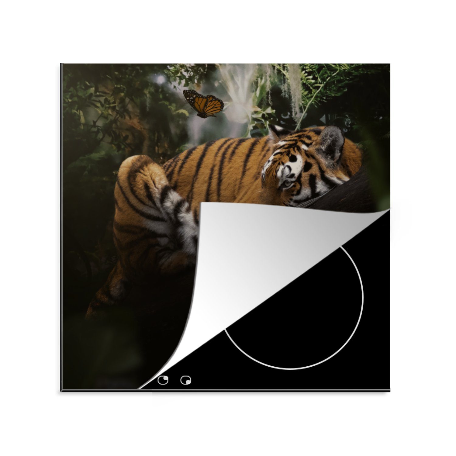 MuchoWow Herdblende-/Abdeckplatte Schmetterling - Dschungel - Tiger, Vinyl, (1 tlg), 78x78 cm, Ceranfeldabdeckung, Arbeitsplatte für küche
