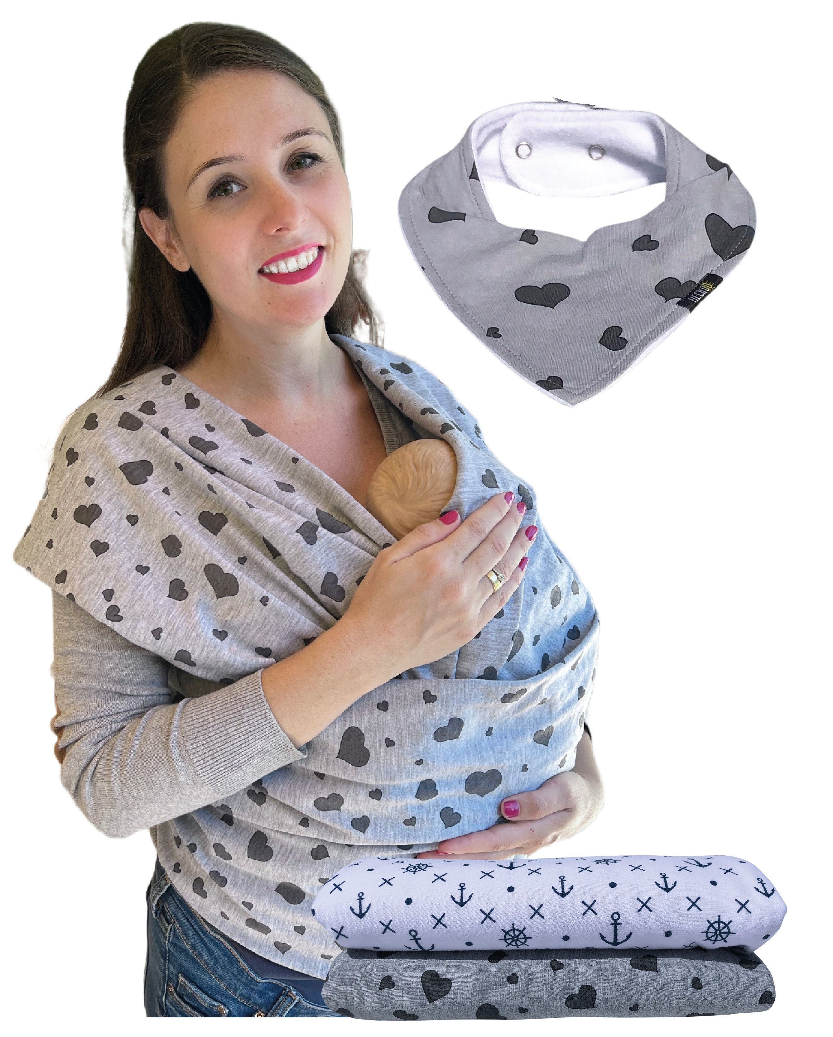HECKBO Tragetuch Herzen oder Anker inkl. Baby-Lätzchen & Tasche extra groß: 520x60 cm | Tragetücher