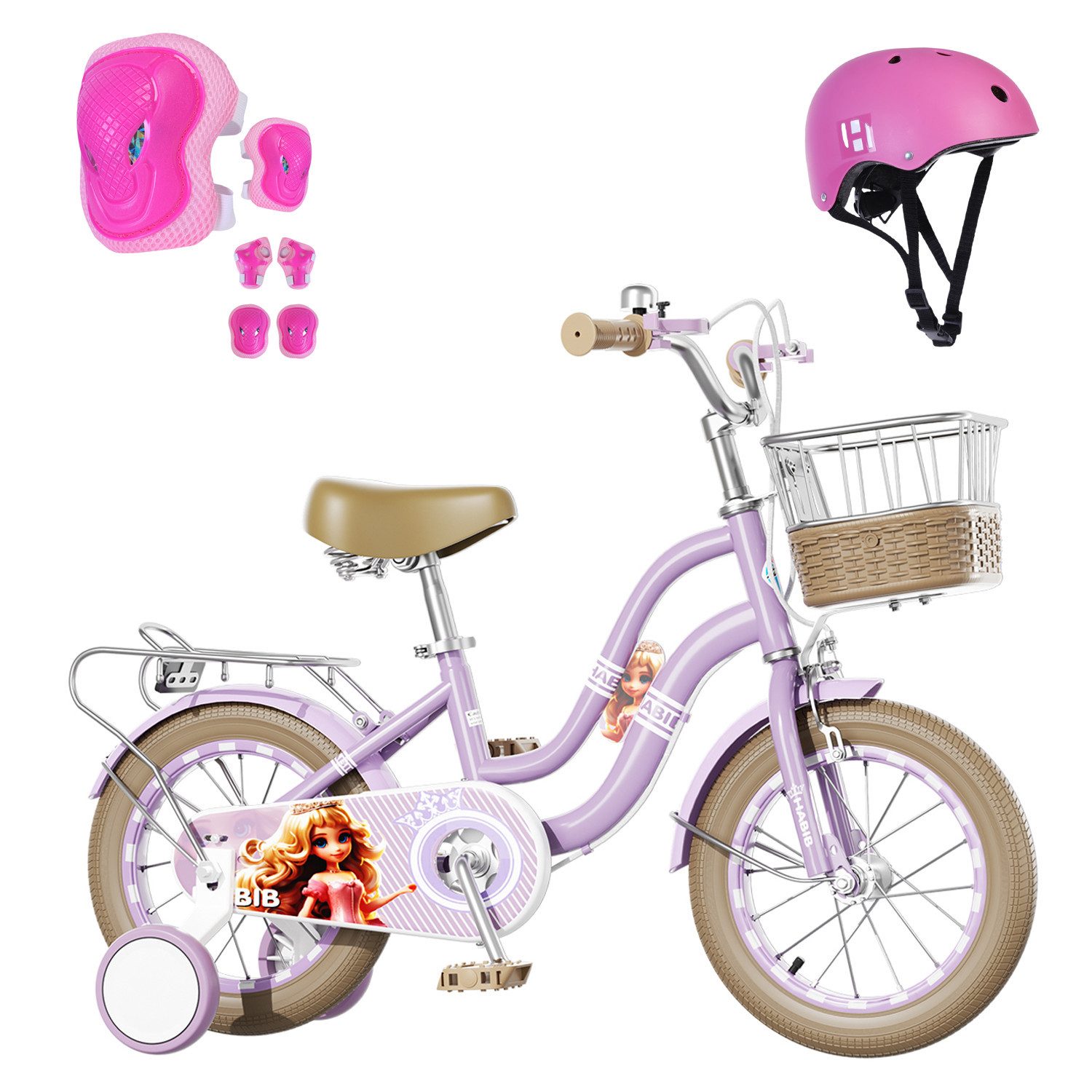Habib Gruppe Kinderfahrrad Mädchenfahrrad 6-teiligem Schutz-Set & Duales Bremssystem 3-8 Jahre