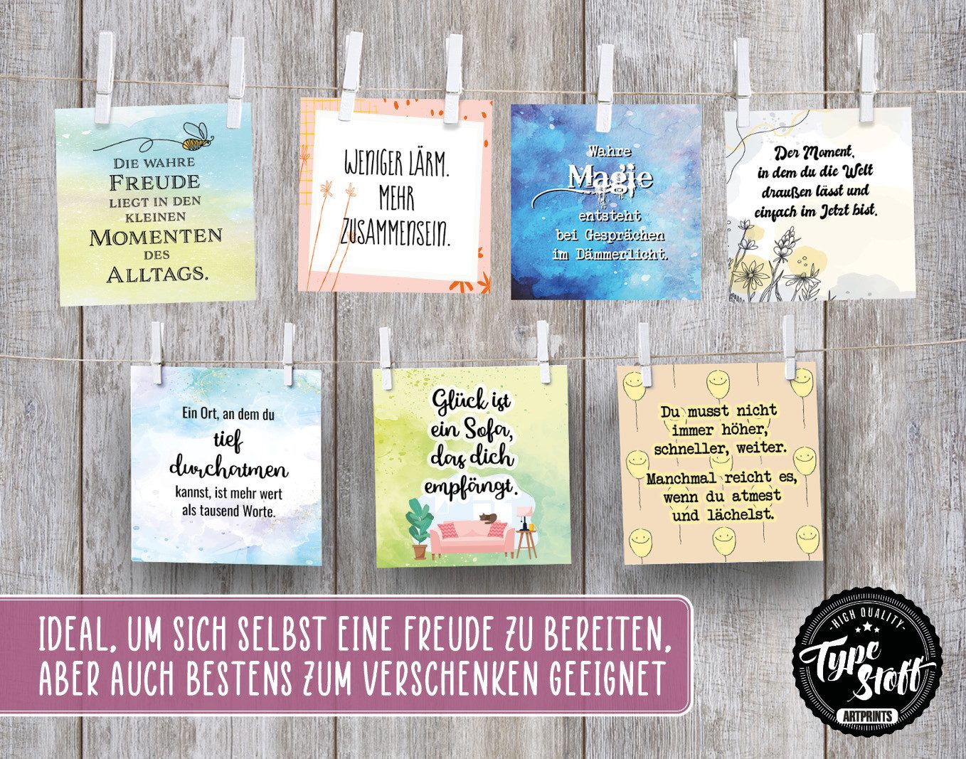 TypeStoff Grußkarten TypeStoff Spruchkarten Set Hygge 25 Karten 50 Sprüche 10,5x10,5 cm, 50 Sprüche auf 25 Karten 300 g/m² FSC-Papier Format 10,5 x 10,5 cm