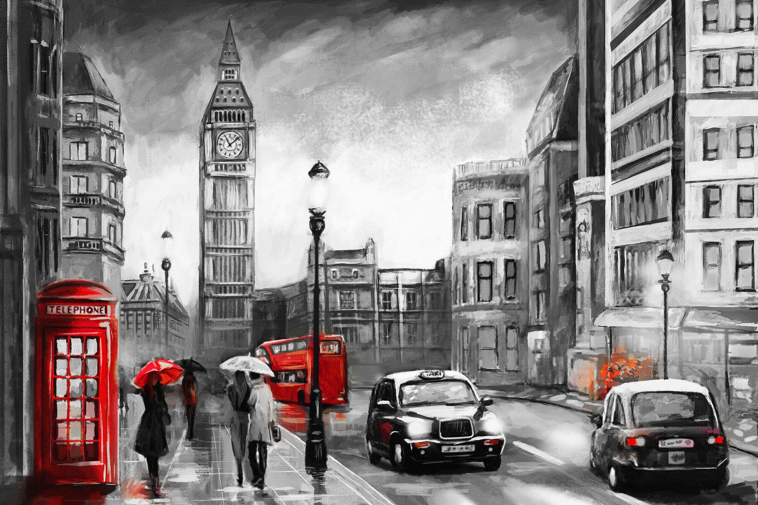Places of Style Leinwandbild London, Fahrzeuge, Kunst, London, Menschen, Modern, Rain, Schwarz-Weiß, Städte, Premium-Leinwandstoff, Handarbeit aus Deutschland, 90x60cm