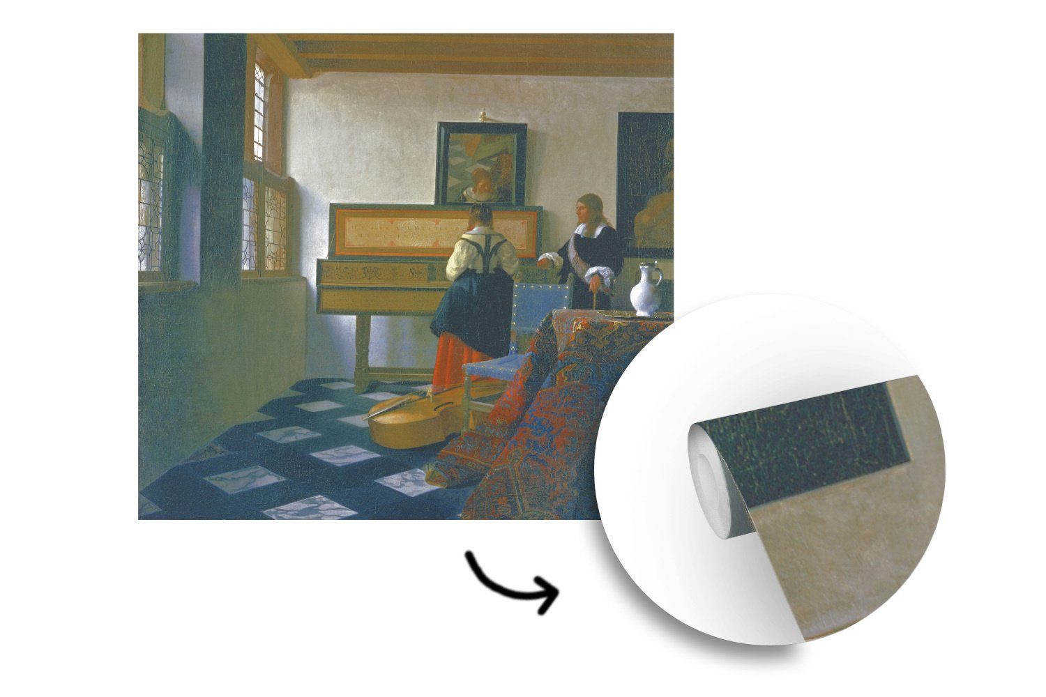 Wohnzimmer Musikstunde für (5 MuchoWow Johannes St), Vermeer, - Wandtapete Tapete bedruckt, Fototapete oder Vinyl Matt, Schlafzimmer, Die