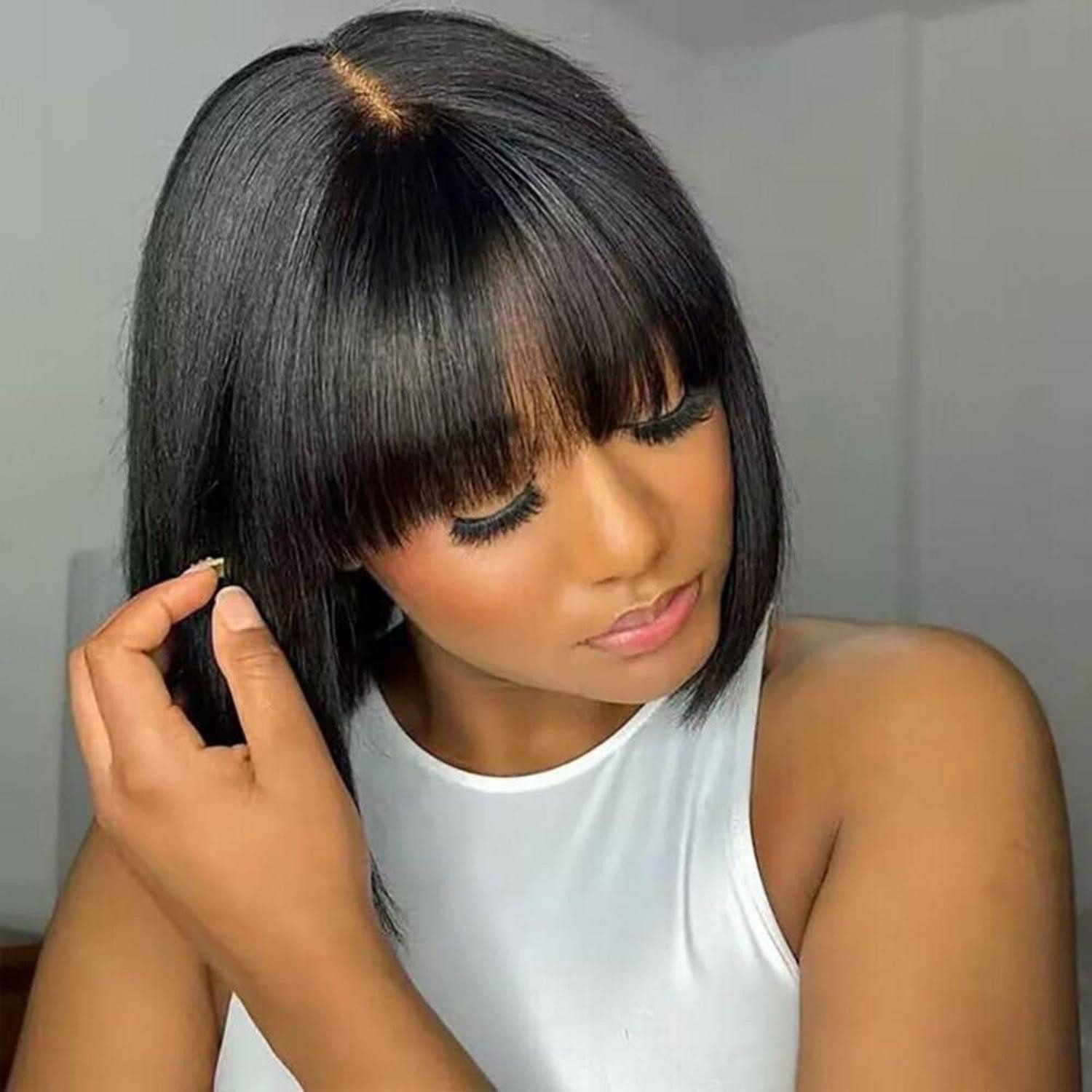 LuxusKollektion Echthaarperücke Perücke Echthaar Bob kurz Pony schwarz Damen 150Dichte 1B# - BOB