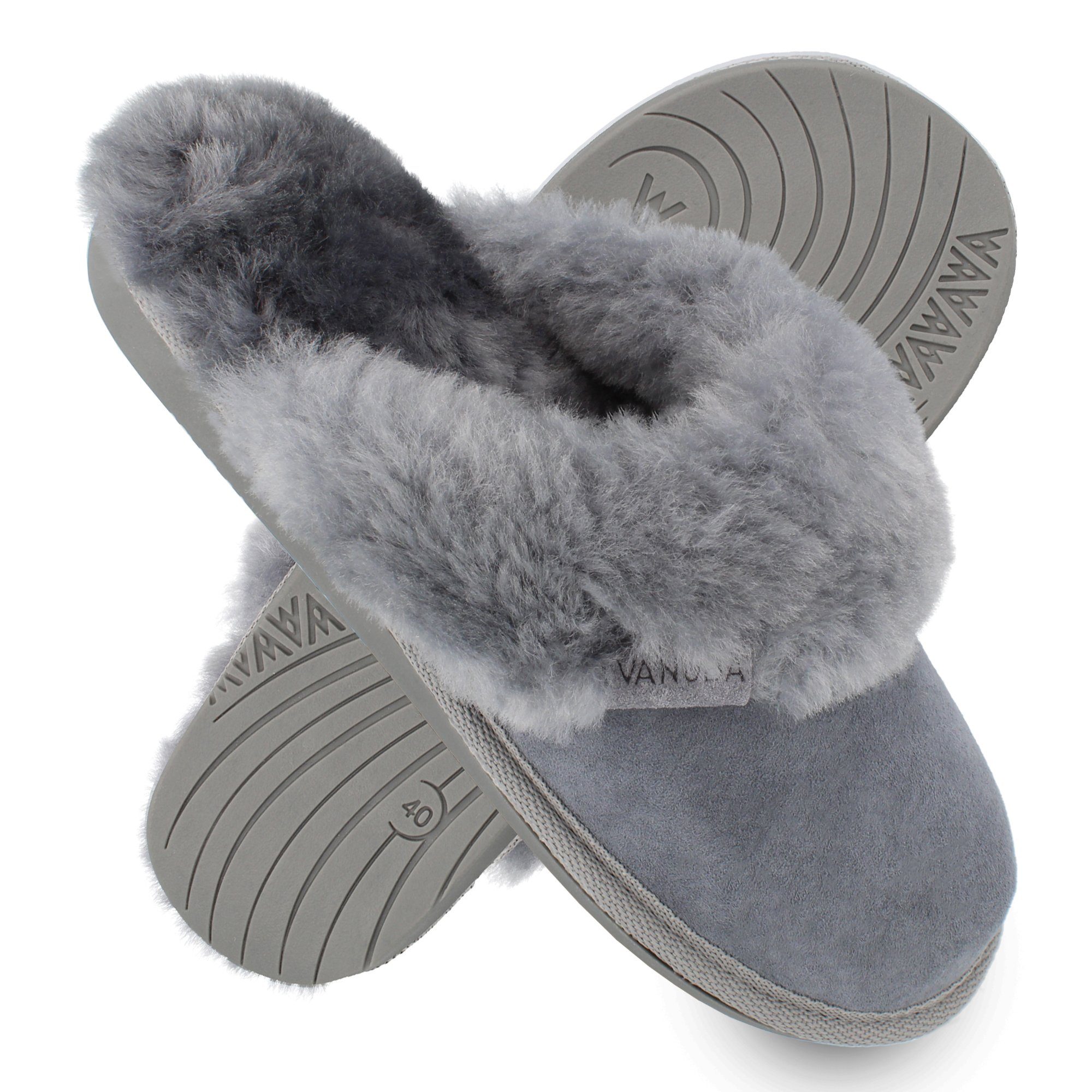 Hausschuh Echtleder CASHMERE Hüttenschuhe/Winter-Hausschuhe/Gefüttert Damen I Vanuba Grau/Grau