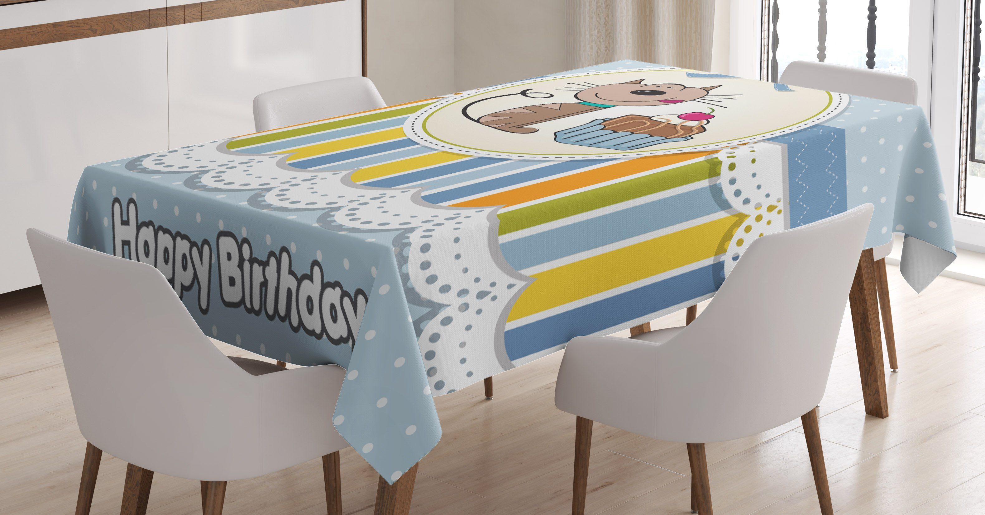 Abakuhaus Tischdecke Farbfest Waschbar Für den Außen Bereich geeignet Klare Farben, Geburtstagsparty Baby-Katze mit Kuchen