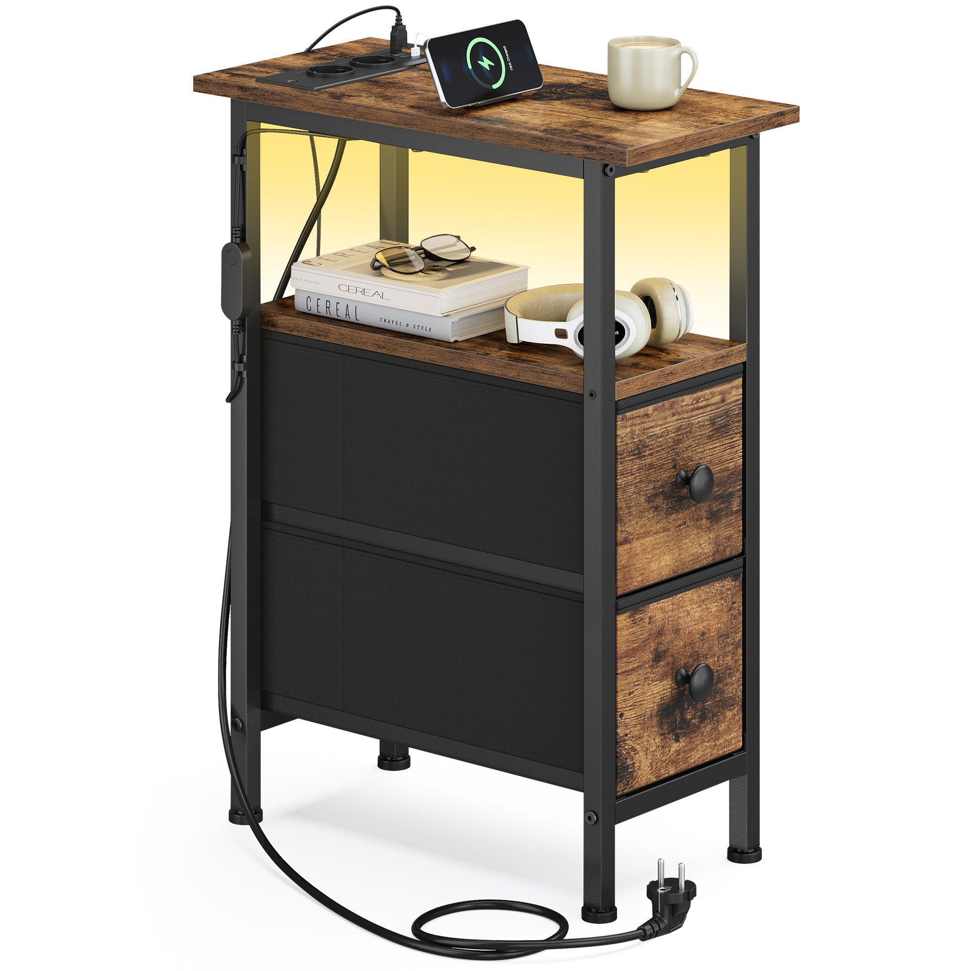 SONGMICS Beistelltisch Beistelltisch, Nachttisch mit Steckdosenleiste, Nachtschrank, Sofatisch mit LED-Beleuchtung, 2 Schubladen