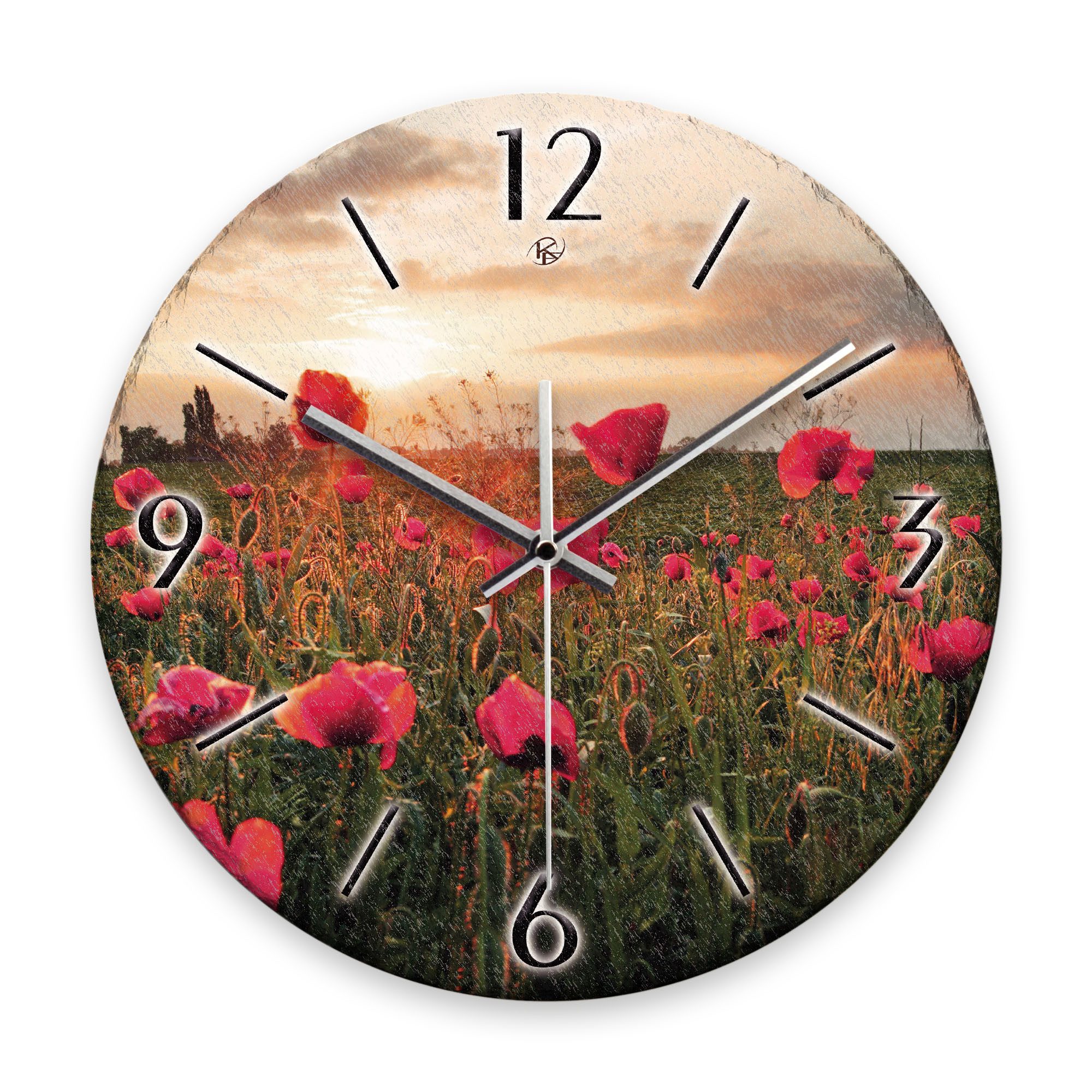 Kreative Feder Wanduhr Wanduhr „Mohnblumen-Feld“ aus Stein (Keramik) in Schiefer-Optik (ohne Ticken; Funk- oder Quarzuhrwerk; ⌀ 30cm; außergewöhnlich)