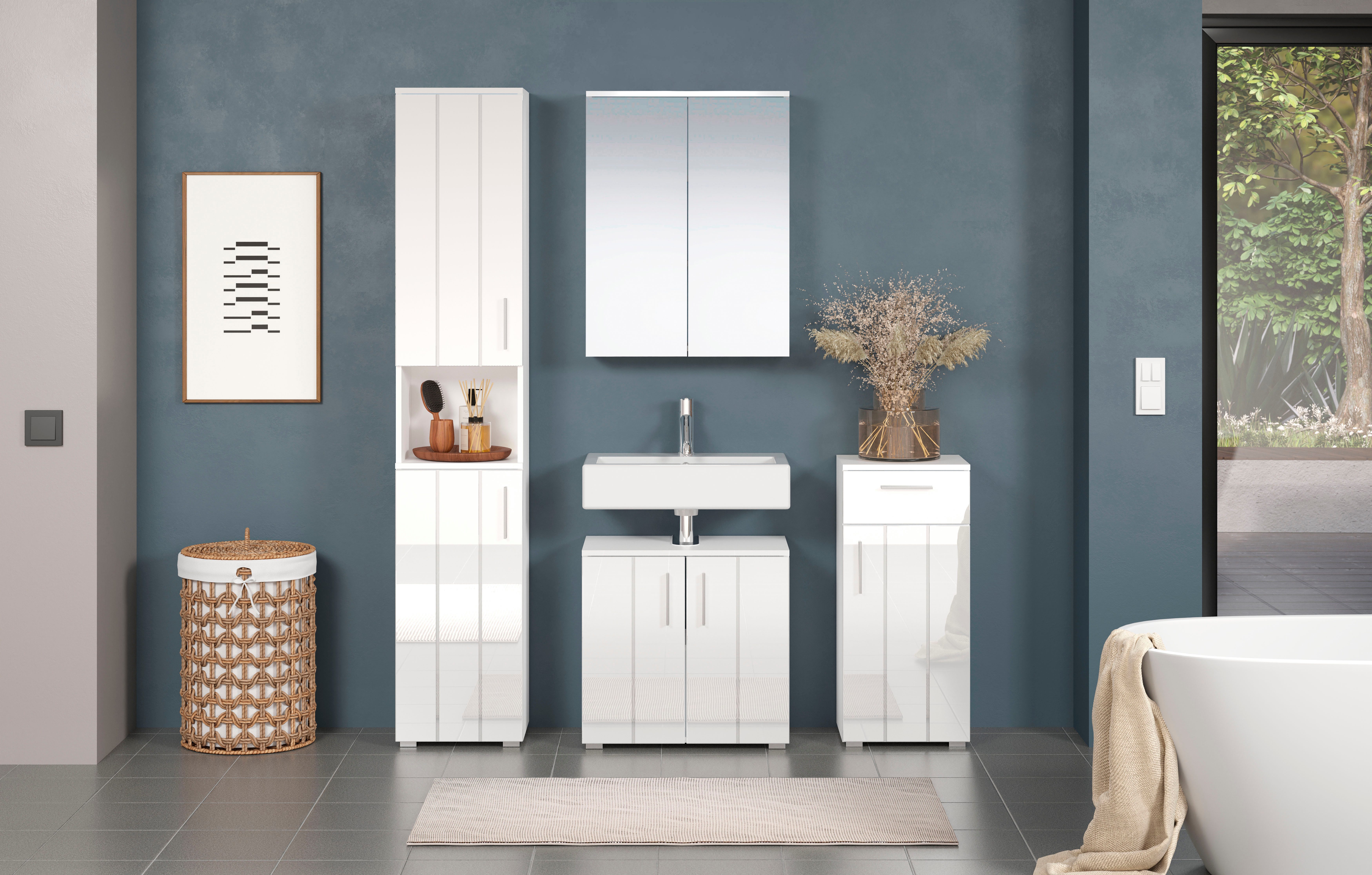 welltime Badezimmer-Set Prag, (Set, 4-St), Komplettset bestehend aus: Hochschrank, Spiegelschrank, Standschrank