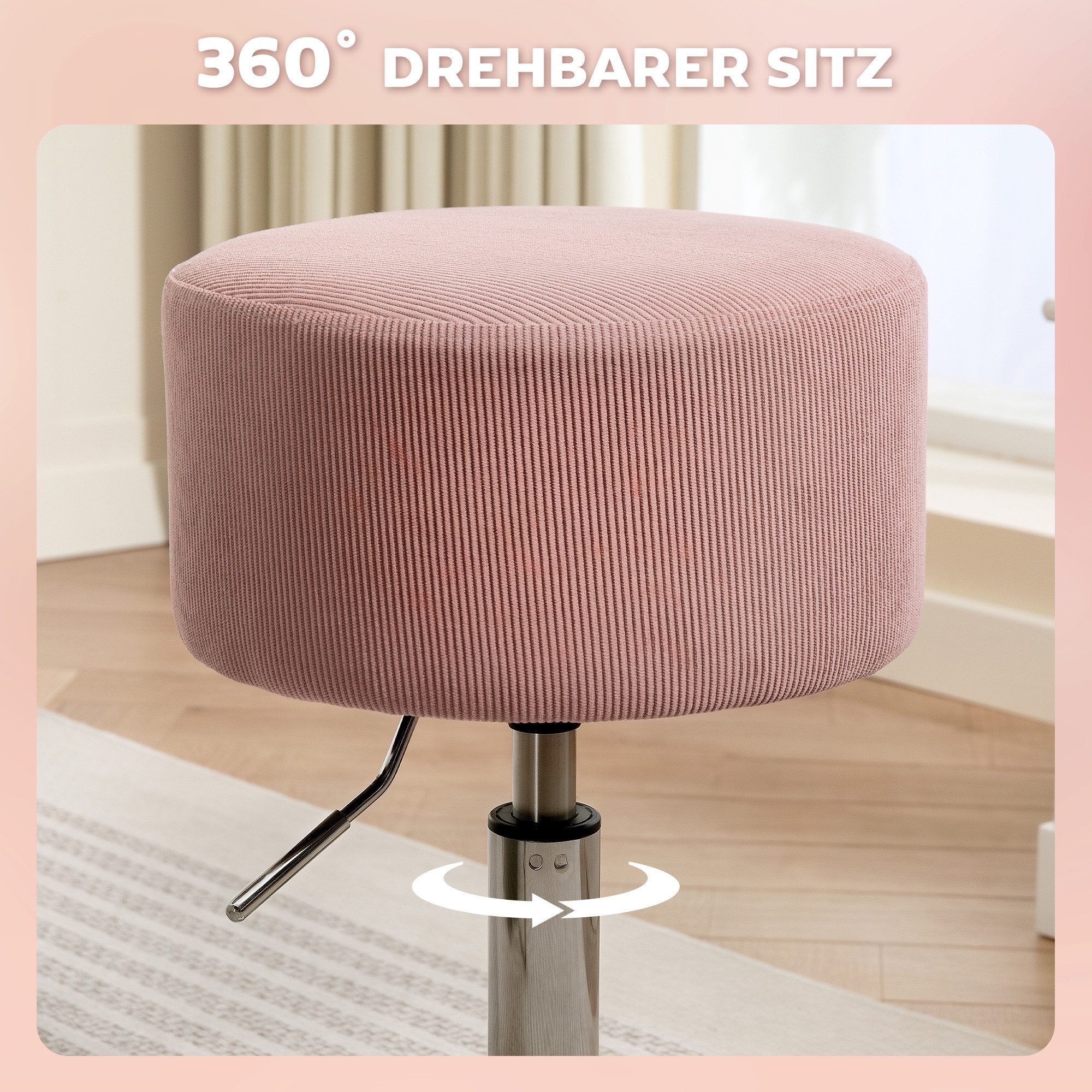 HOMCOM Barhocker mit Metallgestell, Cordoptik, Fußstütze (höhenverstellbar Küchenstuhl, 1 St., gepolstert 360° drehbar Barstuhl), für Küche, Wohnzimmer, Esszimmer Rosa