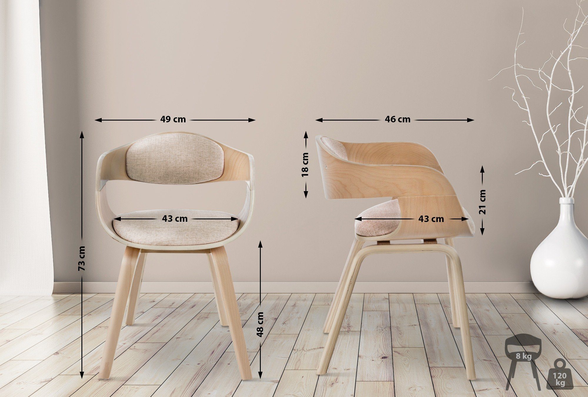 Holzgestell&Polsterung natura/creme (2er Set), Stoff Kingston CLP Esszimmerstuhl