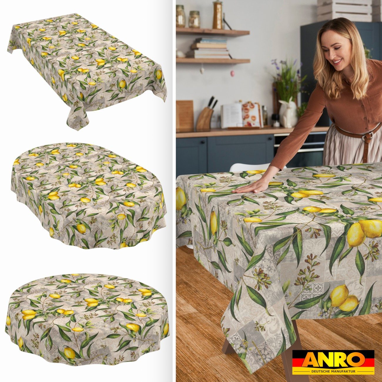ANRO Tischdecke abwaschbar Madrid Stoff Premium Mediterran Zitrone (Einzelstück 1-tlg), Stoff schmutzabweisend 90x130cm Mediterran Grau