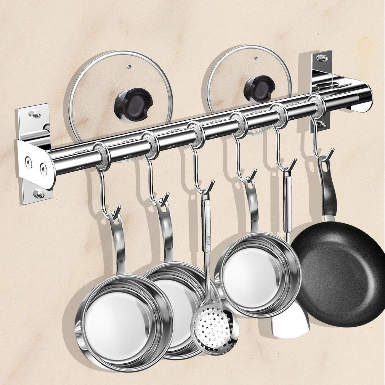 SURFOU Hakenleiste Küche Doppelte Edelstahlstange Küchenleiste mit 12 Haken &Messerhalter, (Hängeleiste Küchenreling, Edelstahl Doppelrohr, Küchenhakenleiste, Multifunktionale Hängeschiene mit Topfdeckel- & Messerhalter - 60 cm Topfi Topfdeckelhalter, Hakenleiste Küche Ohne Bohren, einfache Montage per Klebepad oder Schrauben, küche organizer), Tragfähig bis über 10 kg, Rostfrei und langlebig