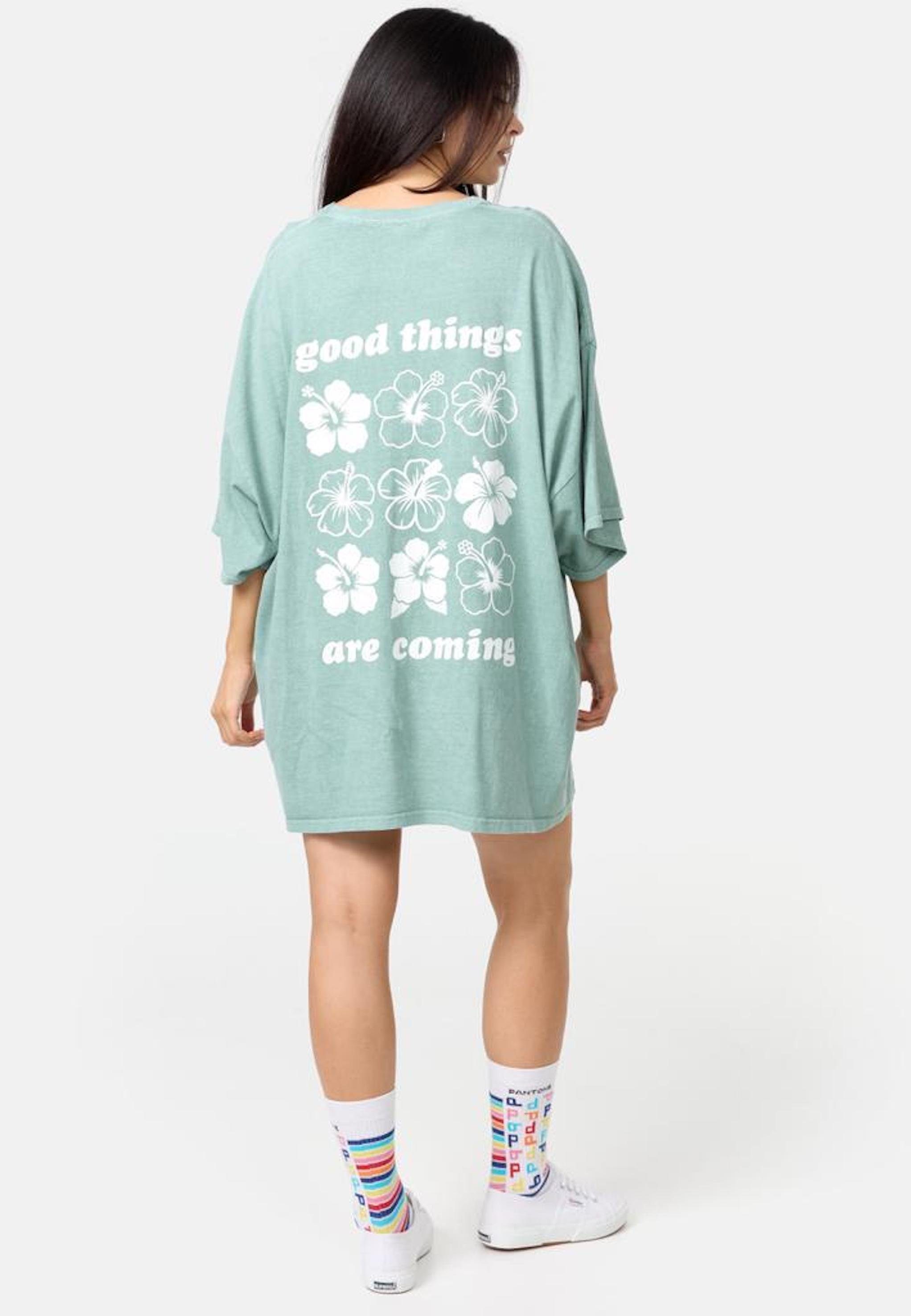 Worldclassca T-Shirt Worldclassca Oversized Print Flower T-Shirt lang Tee Sommer Oberteil Mint