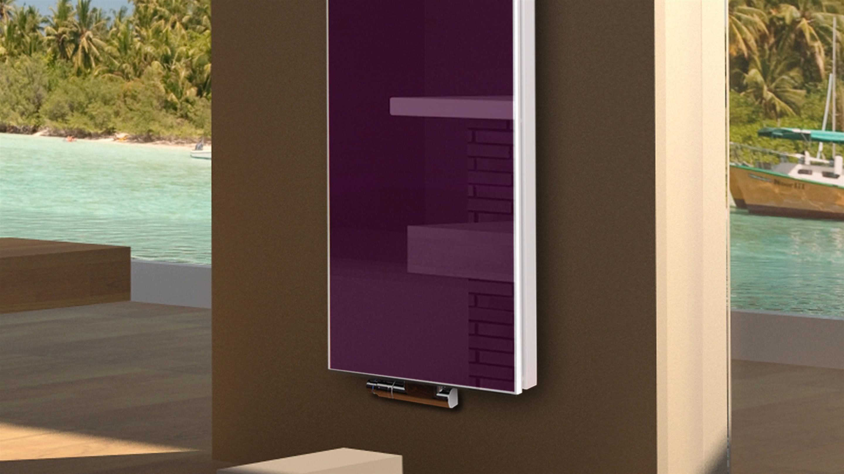 Szagato Badheizkörper BADHEIZKÖRPER Glas Montevideo 6 Glasfront 180x47cm 1964 Watt violett, 5 Jahre Garantie, Made in Germany