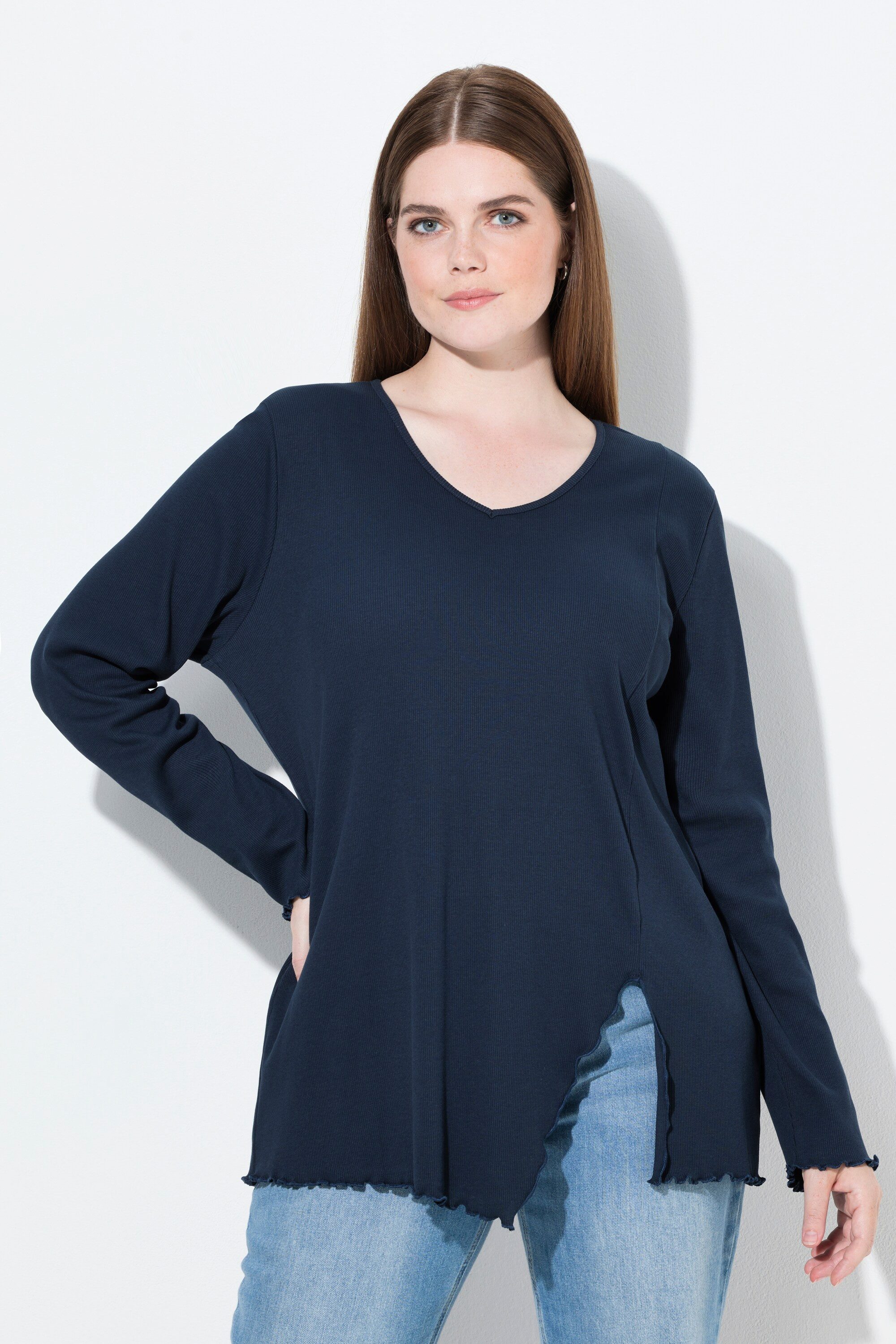 Longsleeve Shirt Rippjersey V-Ausschnitt Langarm Biobaumwolle