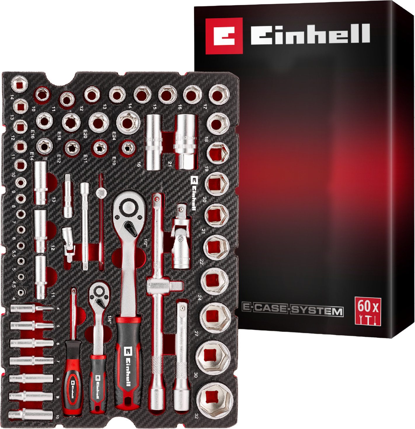 Einhell Werkzeugkoffer E-Case Pad (Set), 60-tlg. Stecknüsse & Ratschen, für E-Case S-F